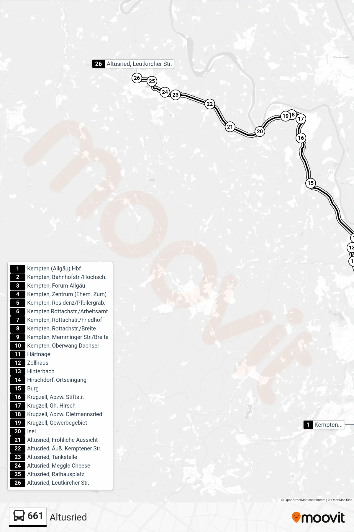 661 bus Line (Altusried) route and stops on a map