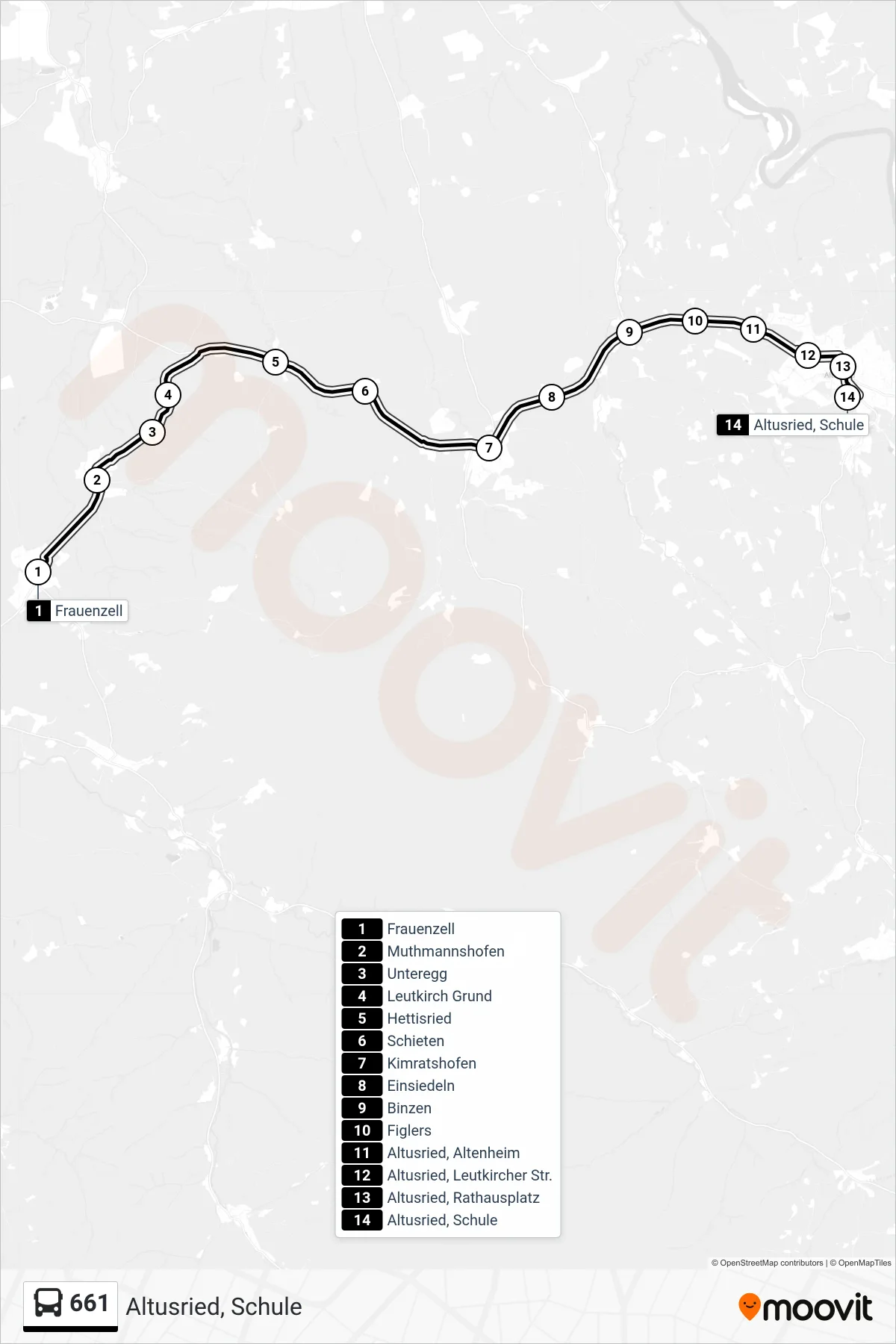 661 bus Line (Altusried, Schule) route and stops on a map