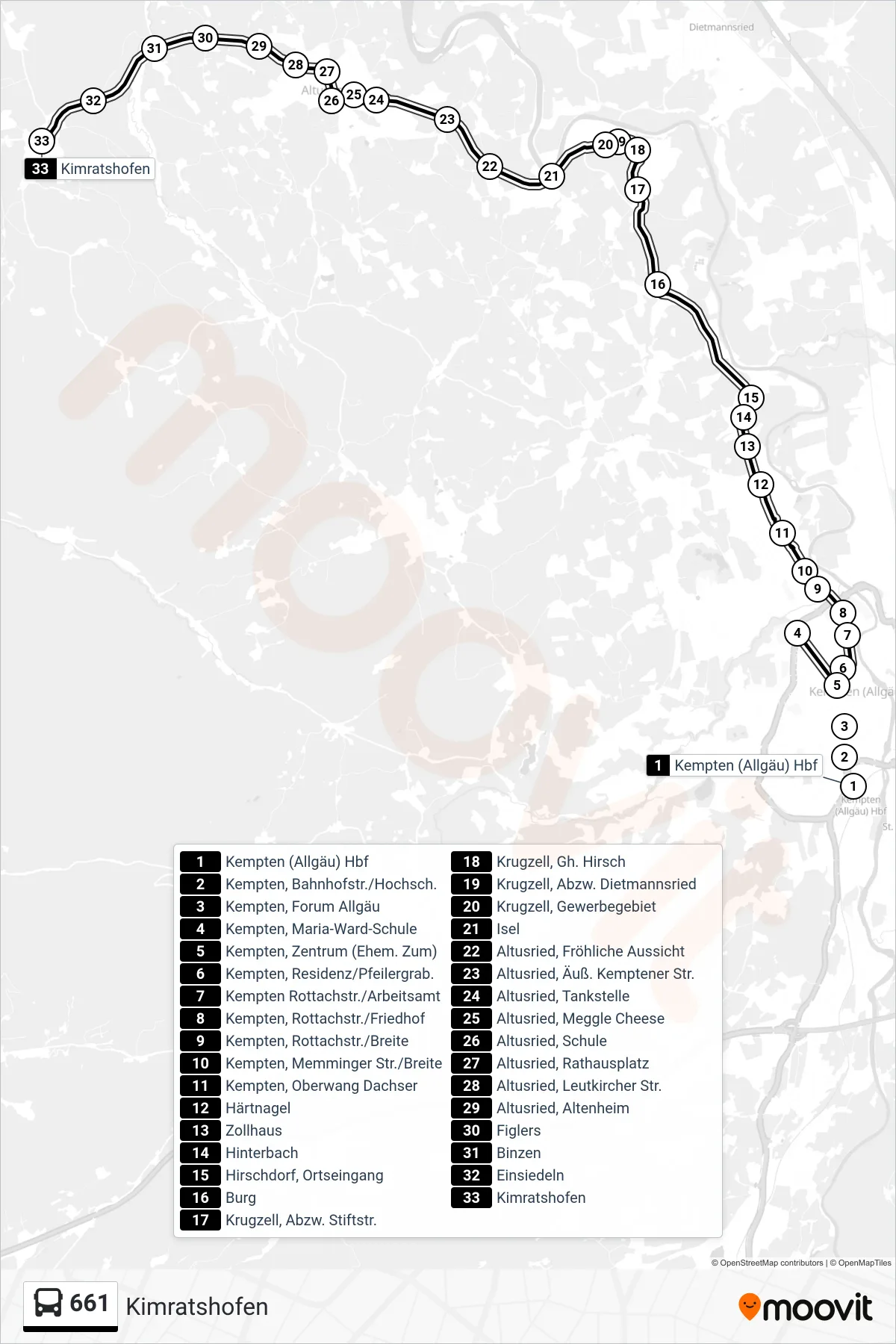 661 bus Line (Kimratshofen) route and stops on a map