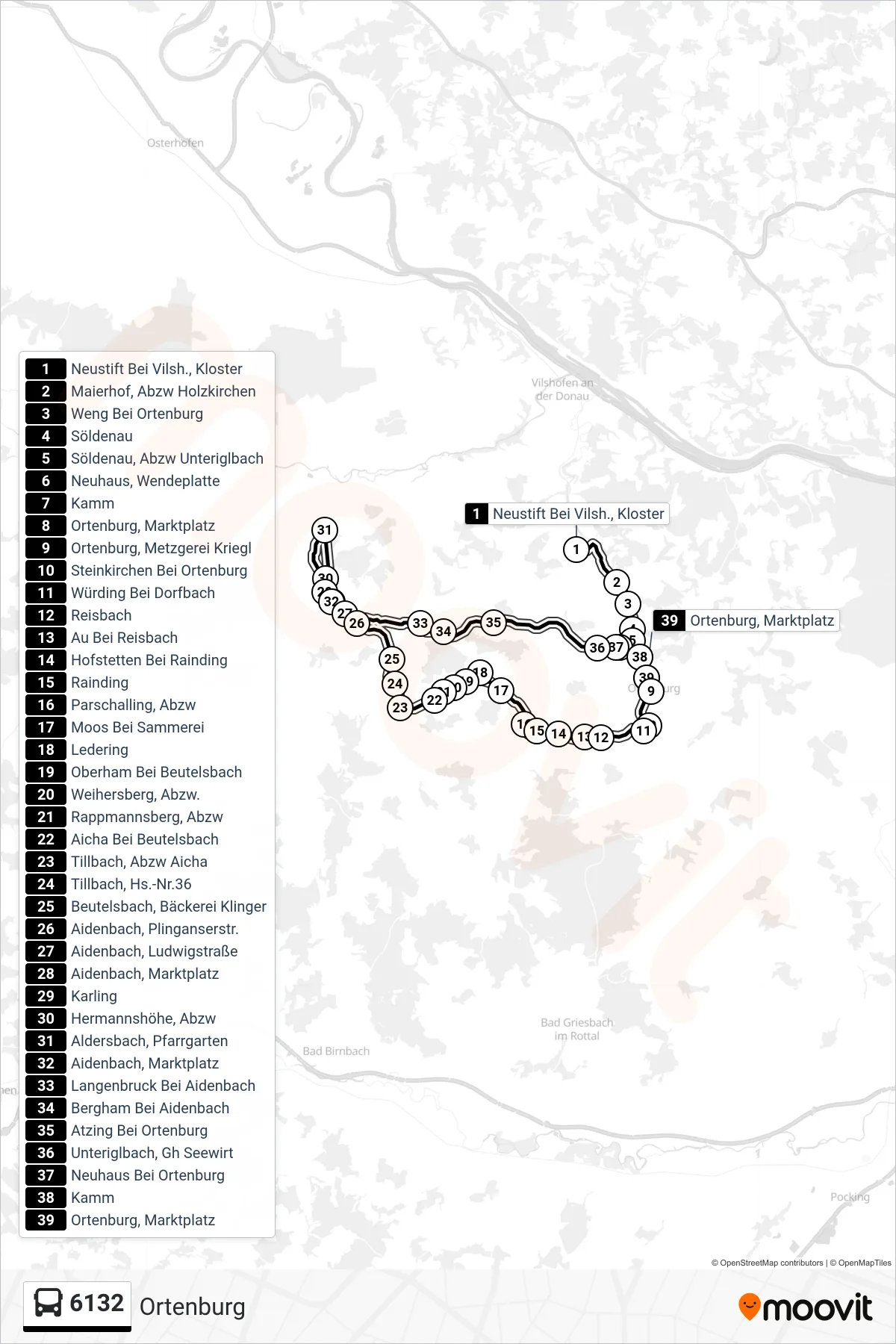 6132 bus Line (Ortenburg) route and stops on a map