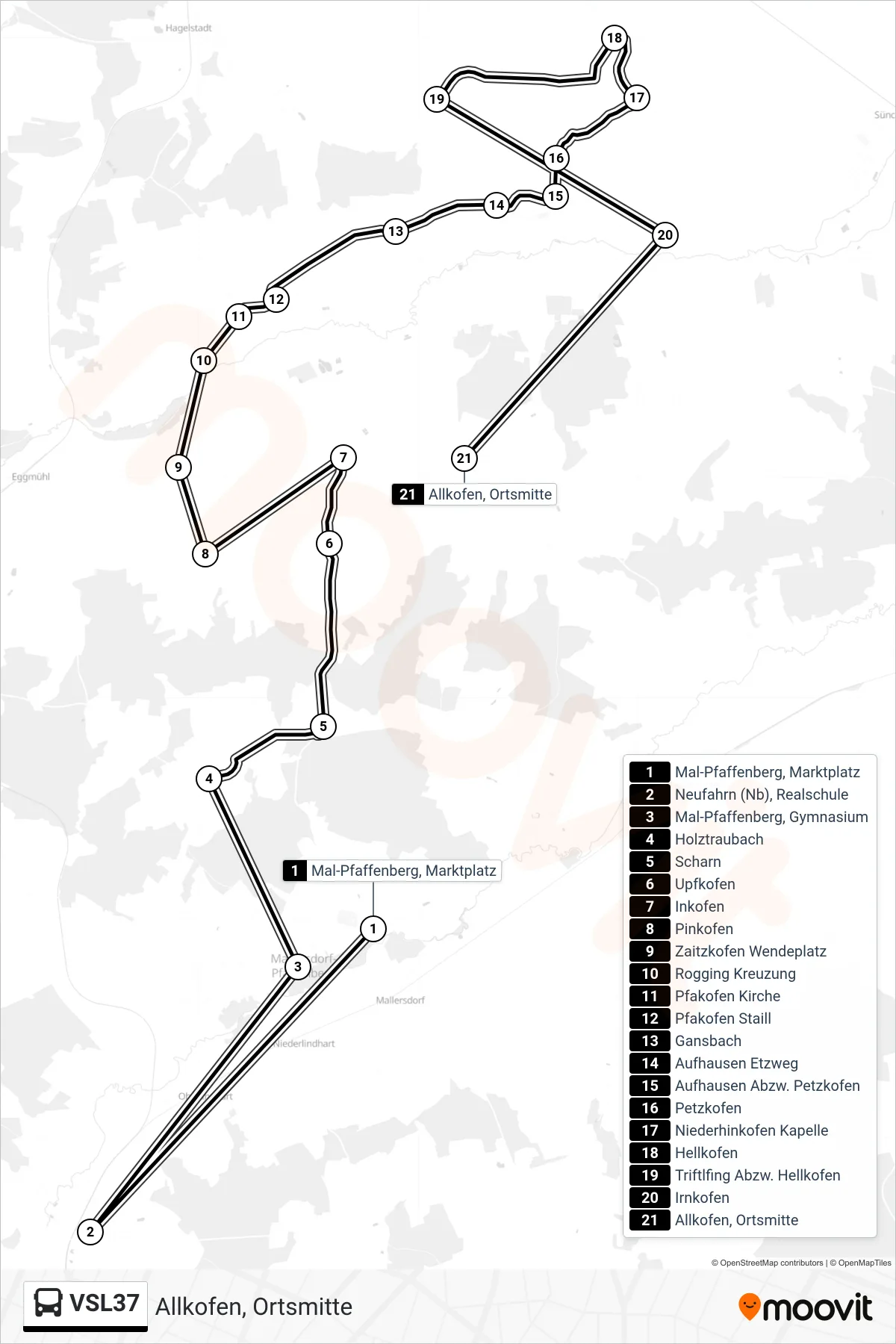Linie VSL37 (Bus) Richtung Allkofen, Ortsmitte: Route und Haltestellen auf der Karte