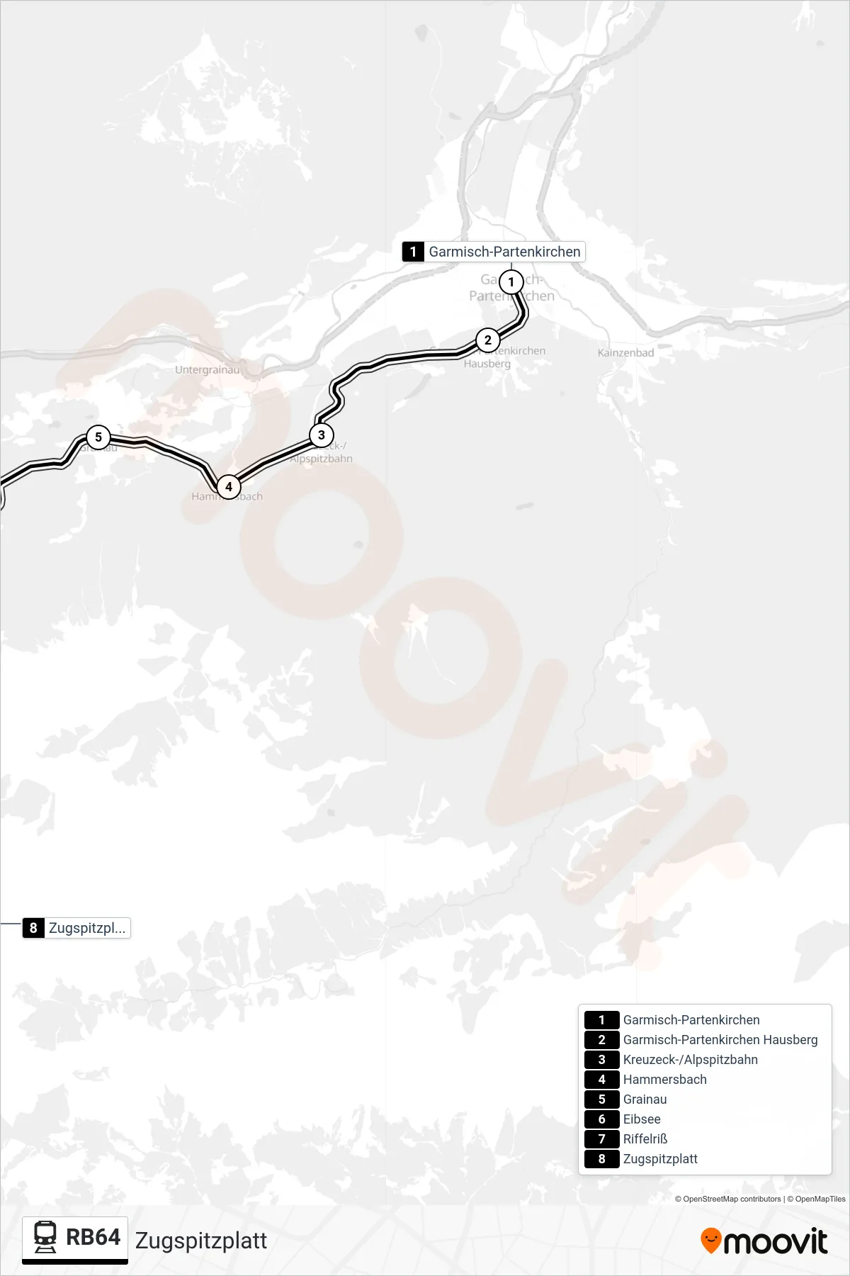 Linie RB64 (Tram) Richtung Zugspitzplatt: Route und Haltestellen auf der Karte