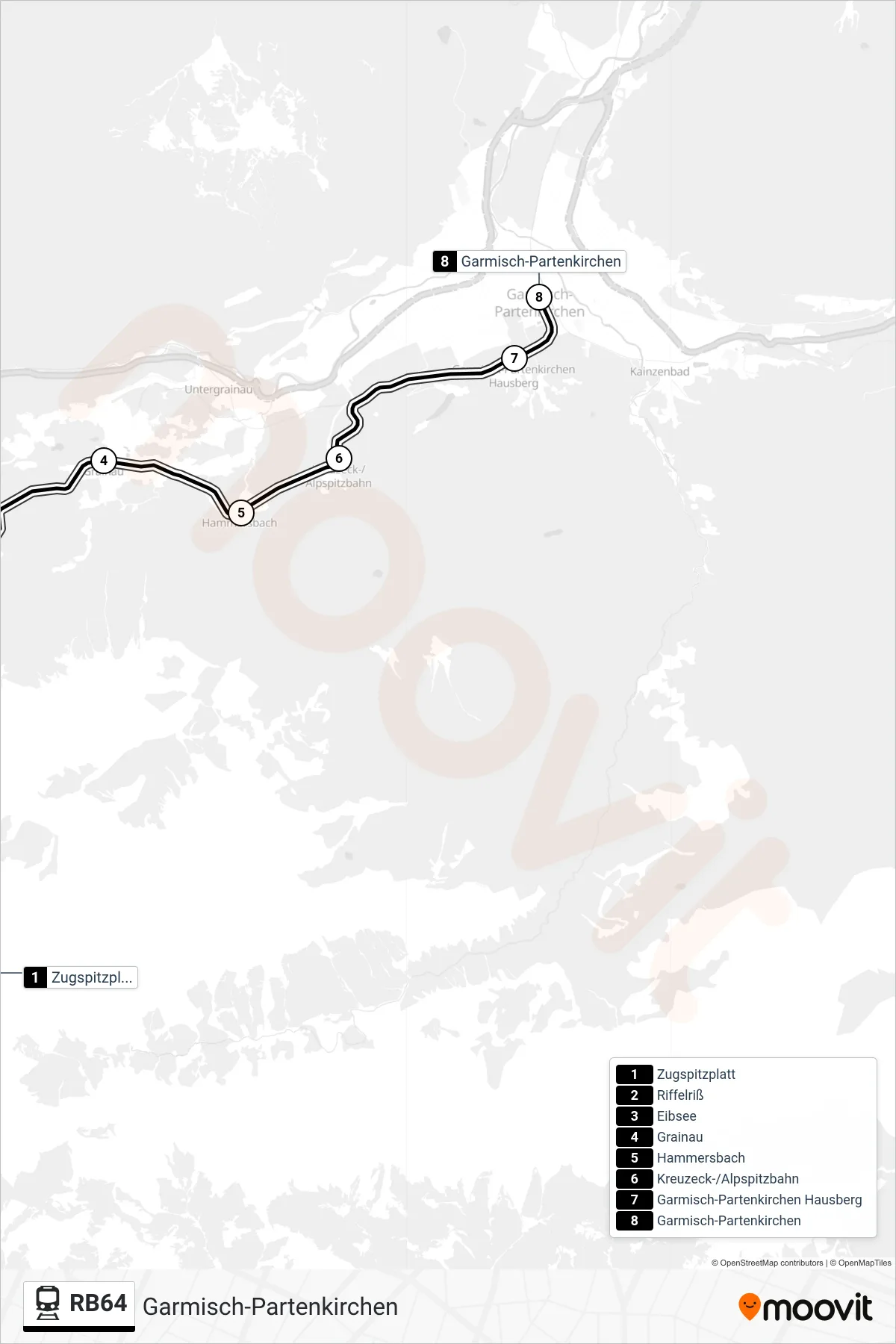 RB64 tram Line (Garmisch-Partenkirchen) route and stops on a map