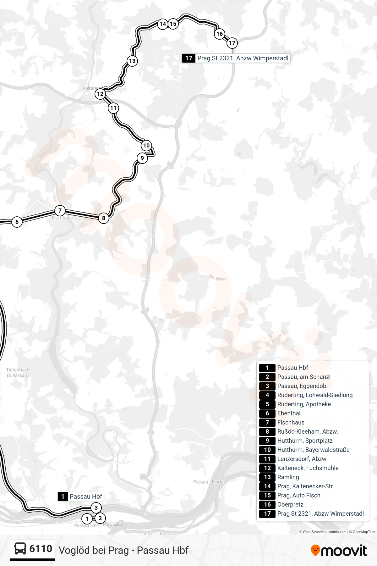 6110 bus Line (Prag) route and stops on a map