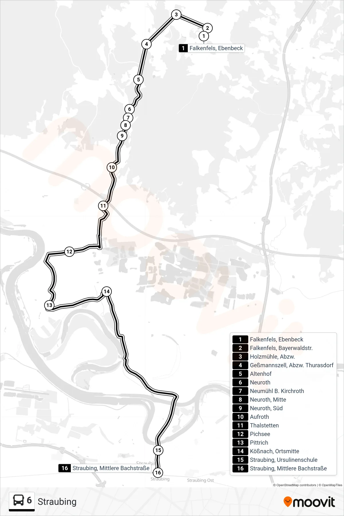 6 bus Line (Straubing) route and stops on a map