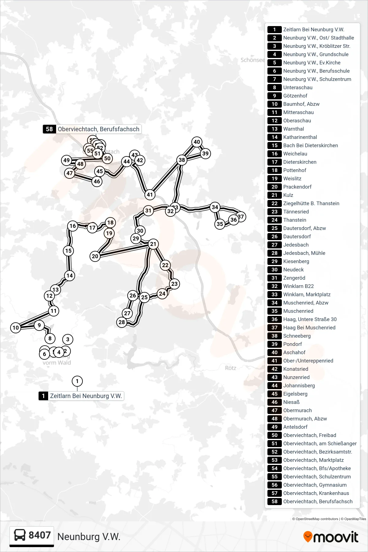 8407 bus Line (Neunburg V.W.) route and stops on a map