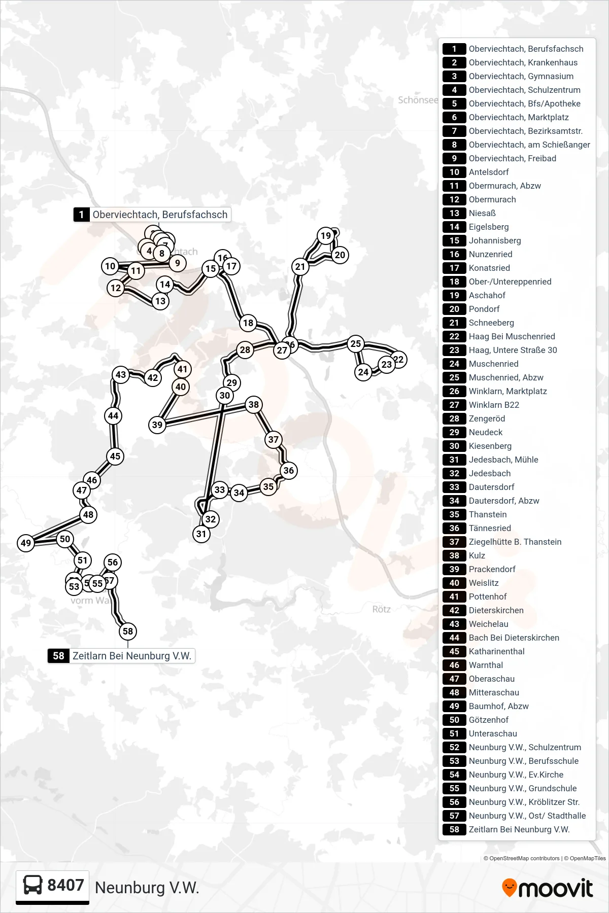 Linie 8407 (Bus) Richtung Neunburg V.W.: Route und Haltestellen auf der Karte