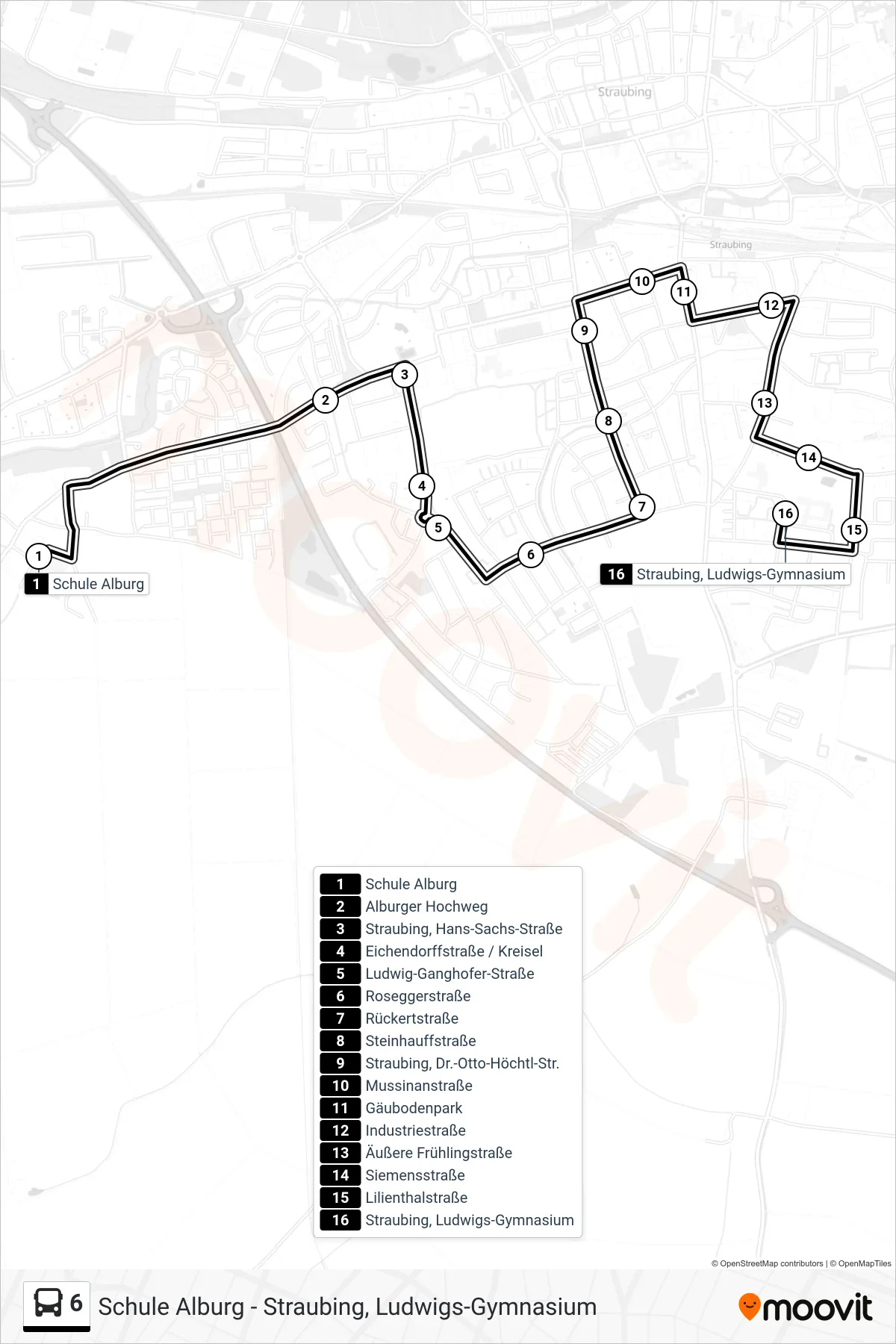 Linie 6 (Bus) Richtung Straubing, Ludwigs-Gymnasium: Route und Haltestellen auf der Karte
