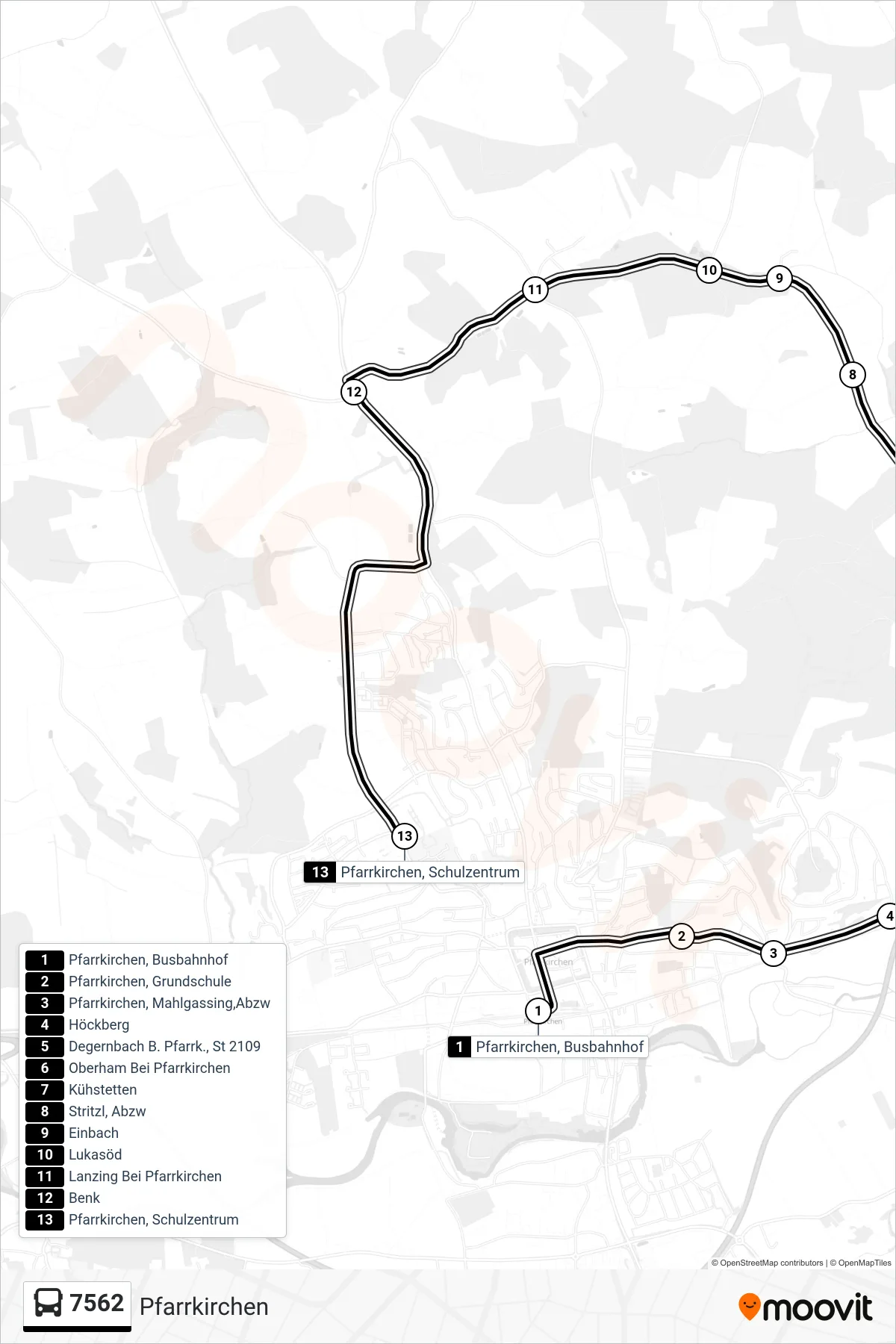 7562 bus Line (Pfarrkirchen) route and stops on a map