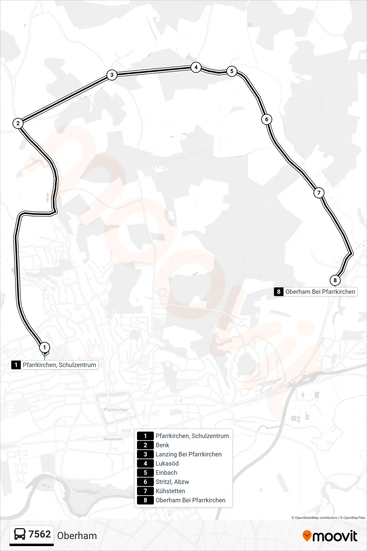 7562 bus Line (Oberham) route and stops on a map