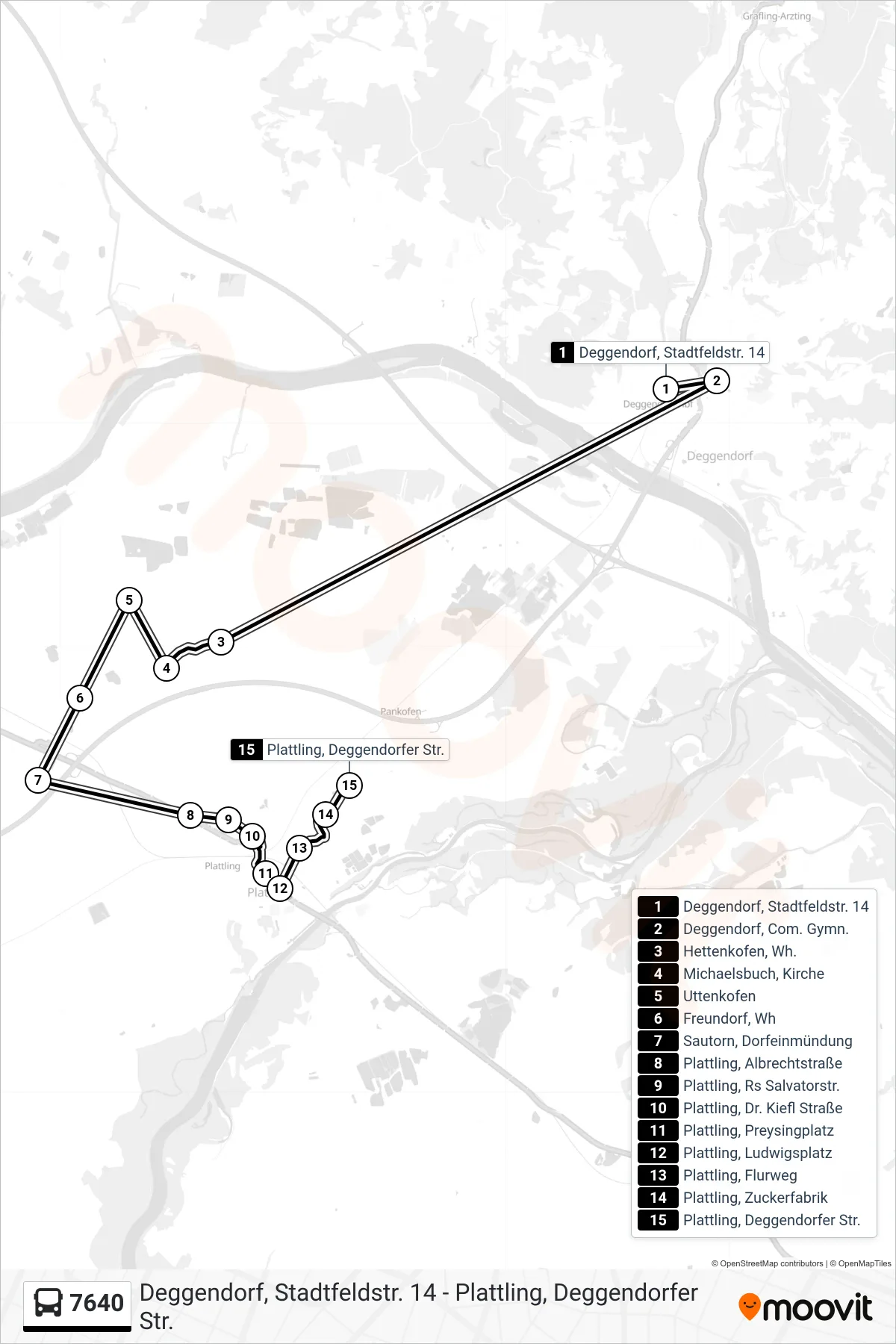 Linie 7640 (Bus) Richtung Plattling: Route und Haltestellen auf der Karte