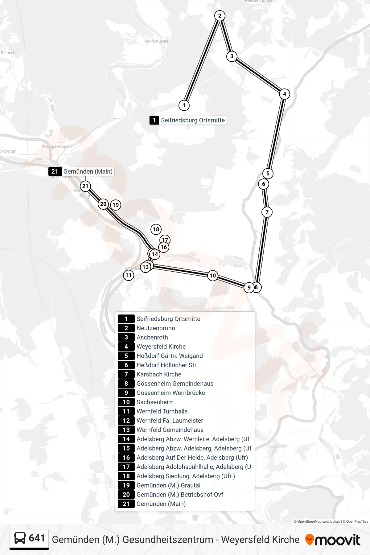 Linie 641 (Bus) Richtung Gemünden, Bf: Route und Haltestellen auf der Karte