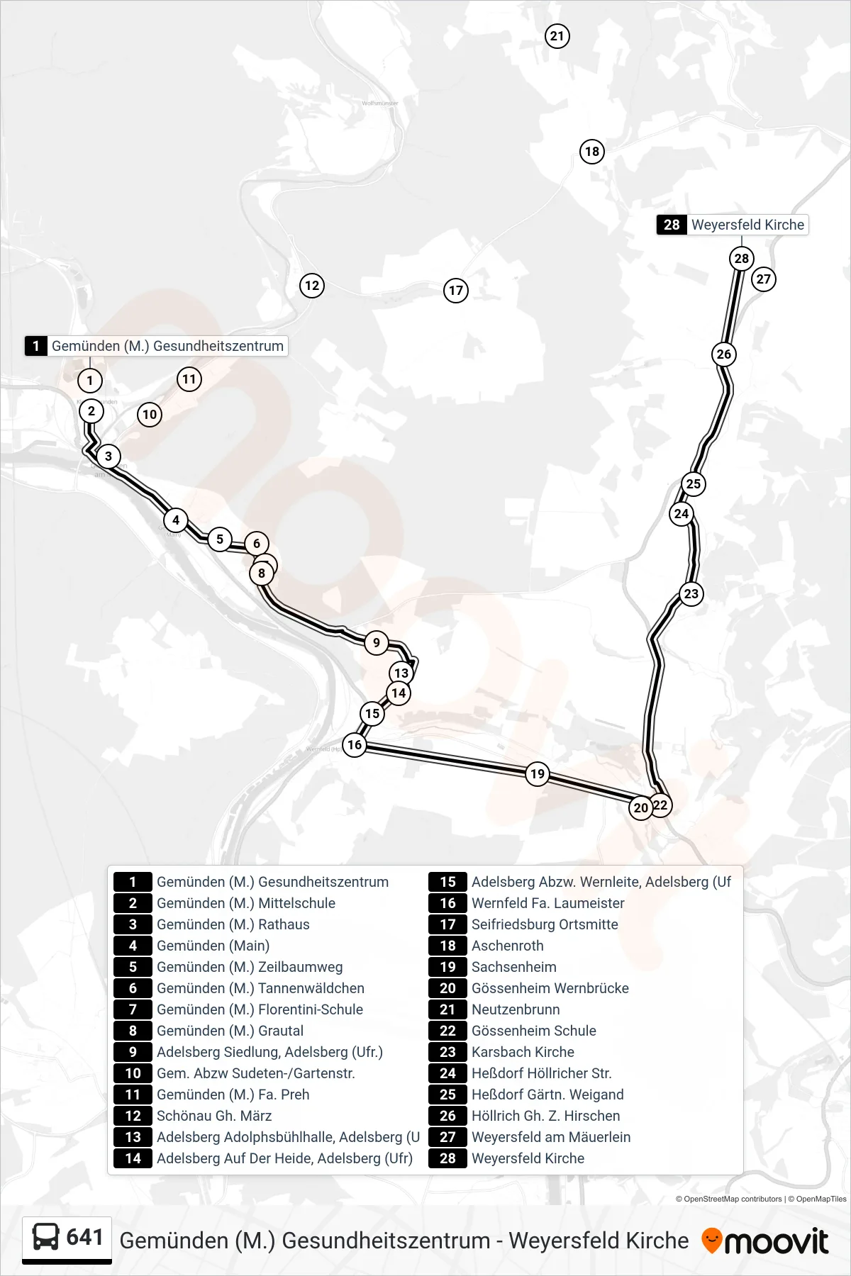 641 bus Line (Weyersfeld) route and stops on a map