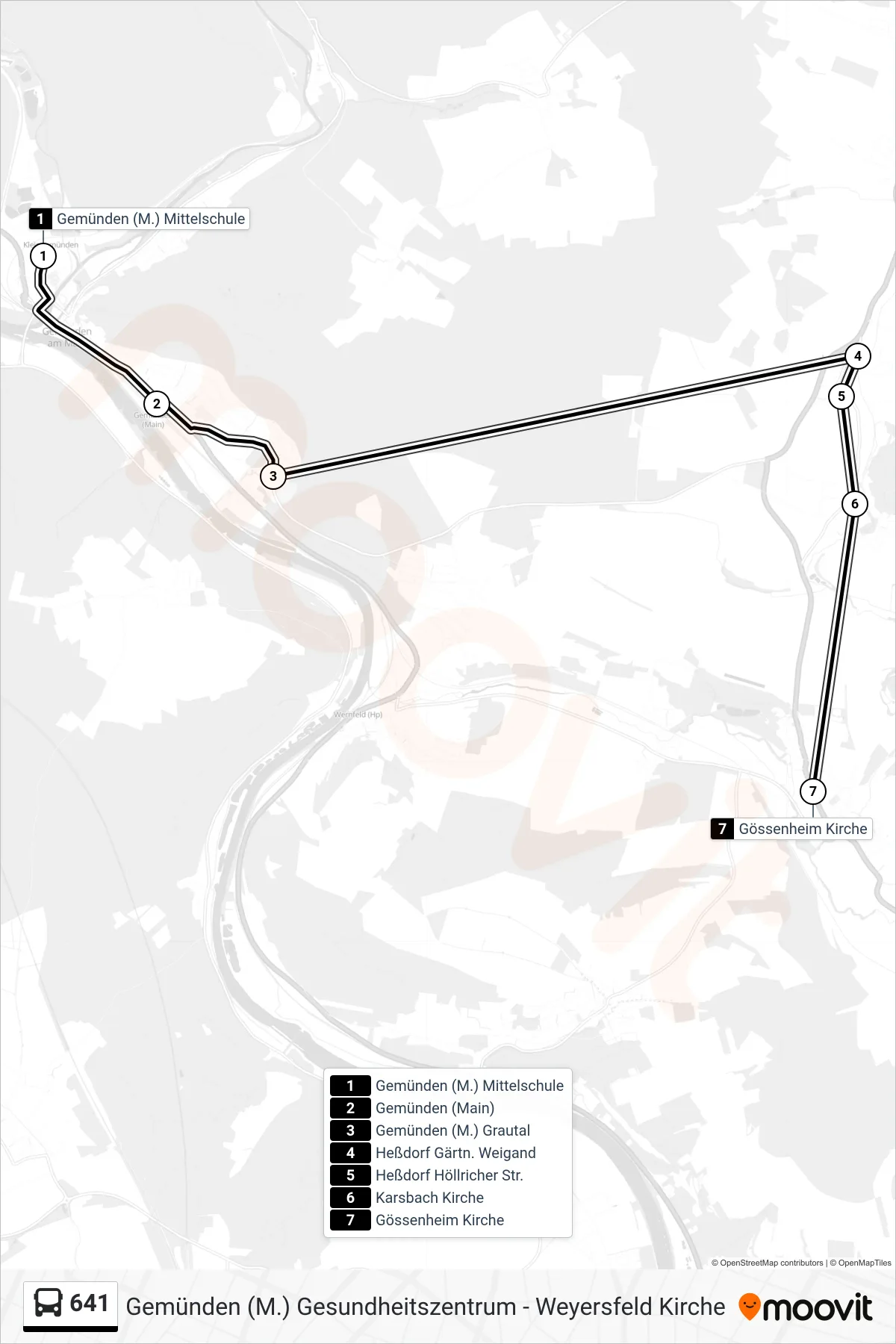 Linie 641 (Bus) Richtung Gössenheim: Route und Haltestellen auf der Karte