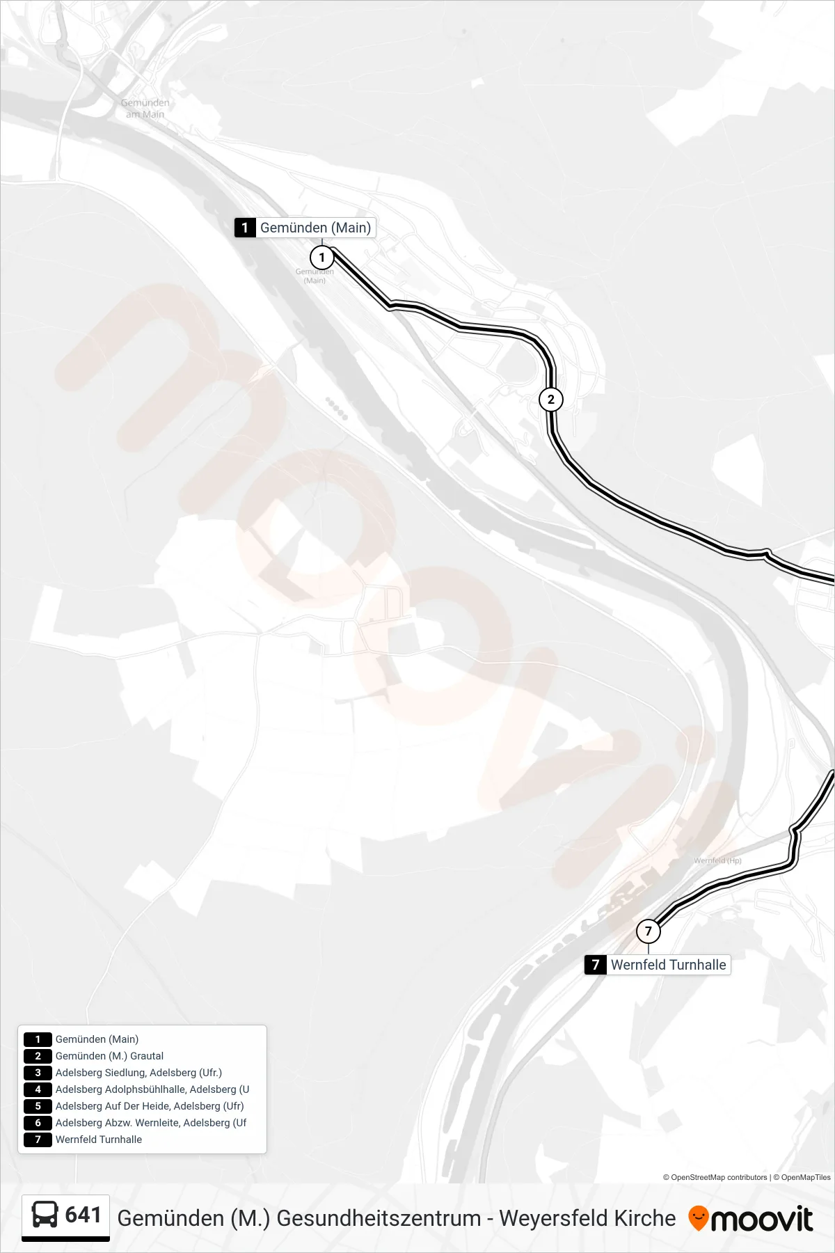 641 bus Line (Wernfeld) route and stops on a map