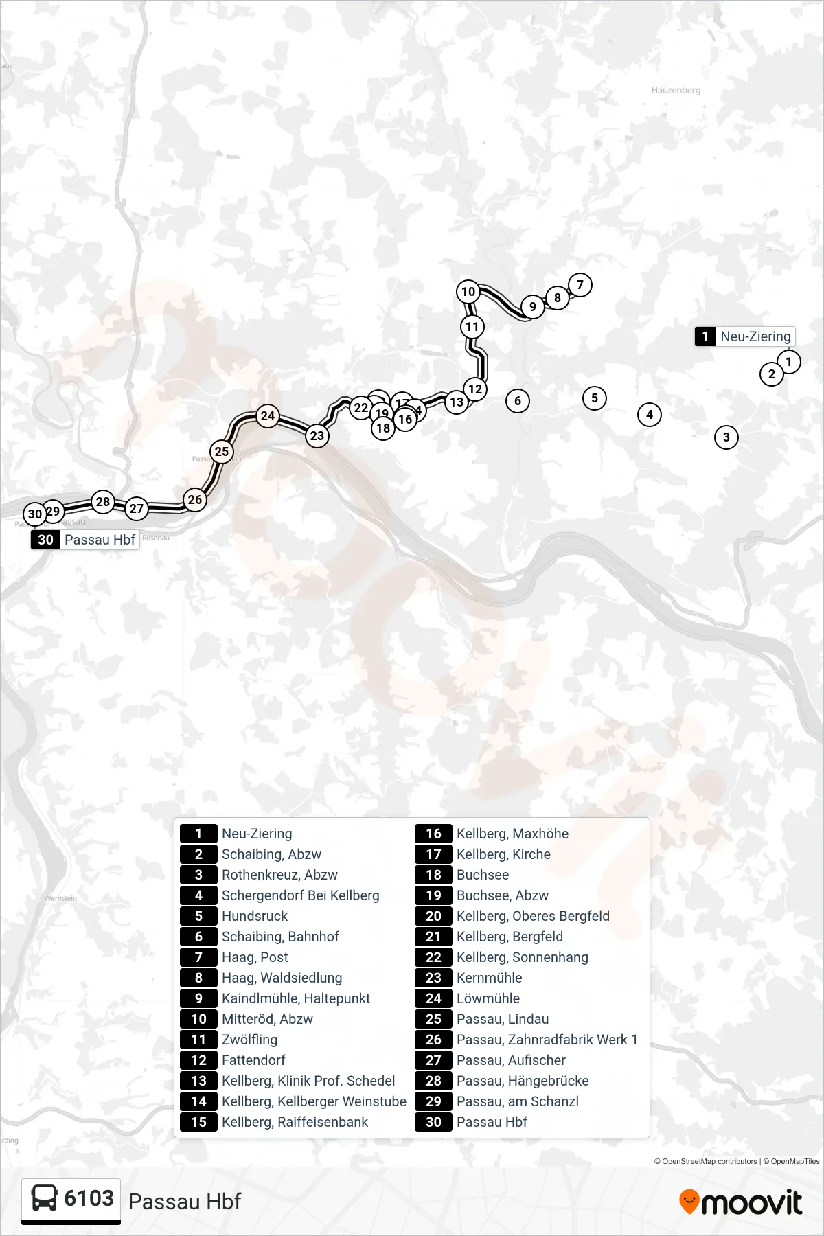 6103 bus Line (Passau Hbf) route and stops on a map