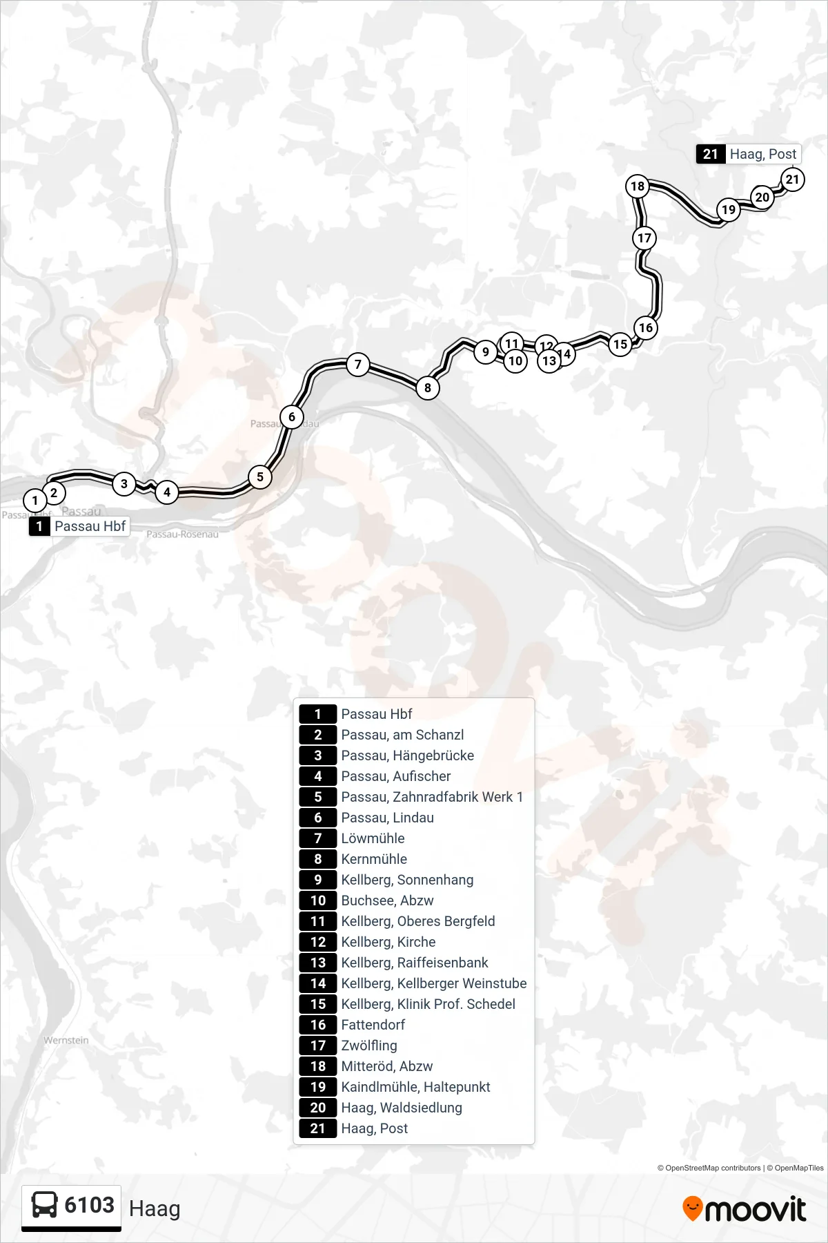 6103 bus Line (Haag) route and stops on a map