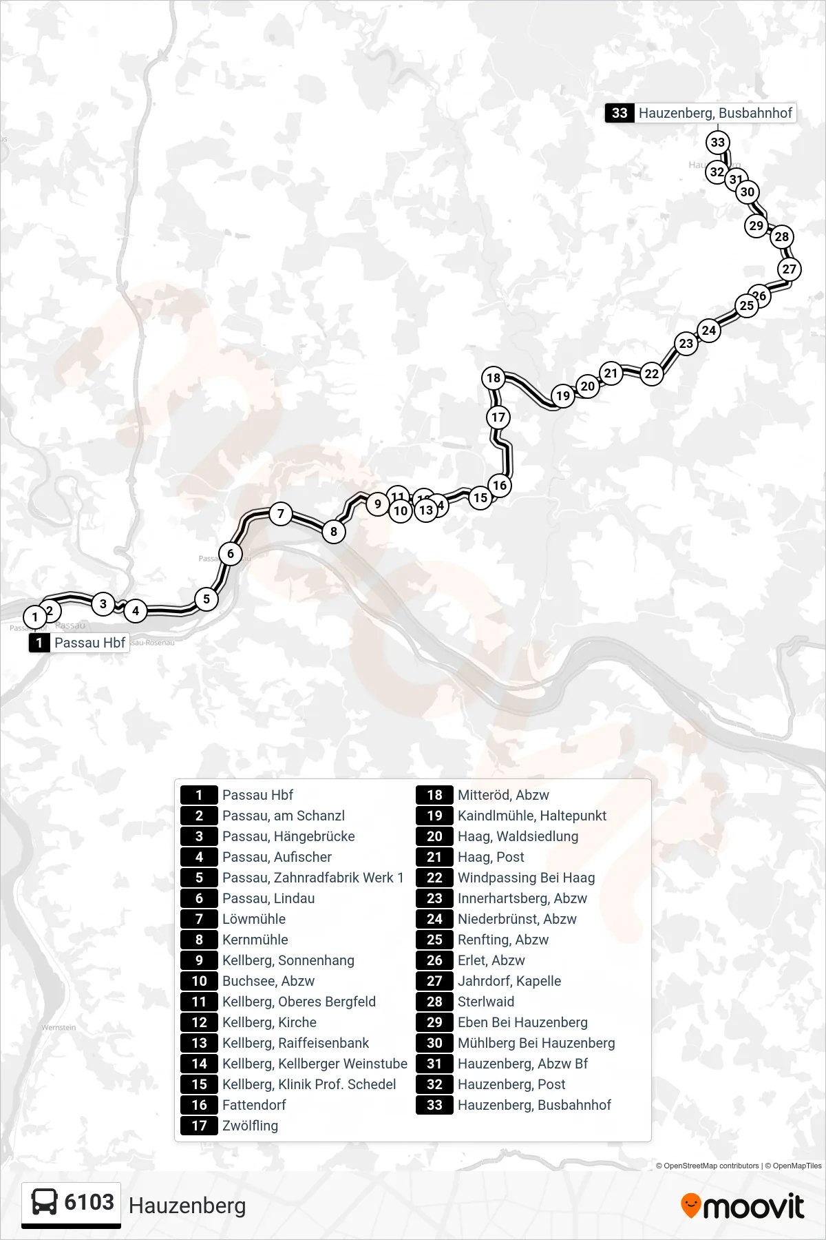 Linie 6103 (Bus) Richtung Hauzenberg: Route und Haltestellen auf der Karte