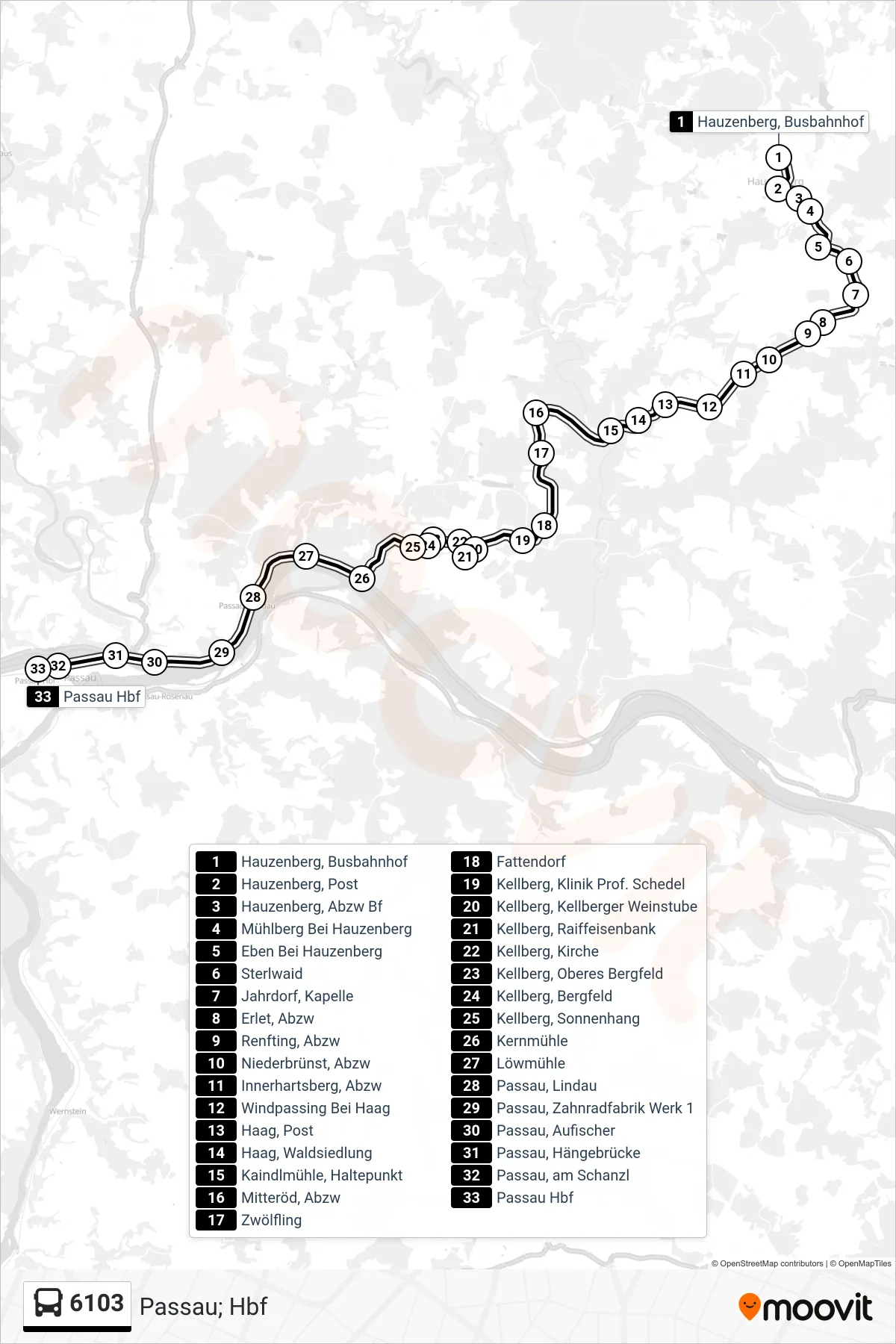 Linie 6103 (Bus) Richtung Passau; Hbf: Route und Haltestellen auf der Karte