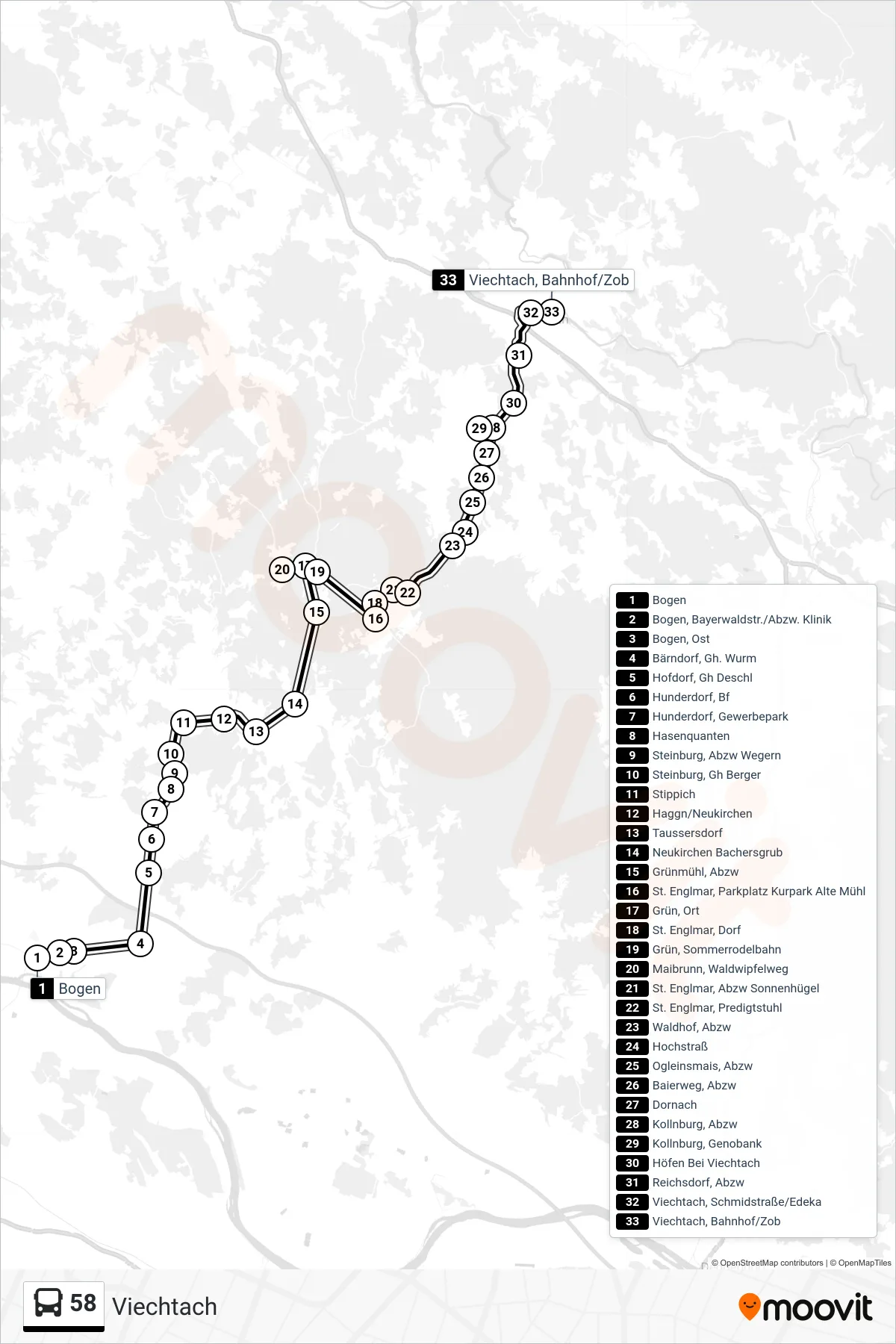 Linie 58 (Bus) Richtung Viechtach: Route und Haltestellen auf der Karte