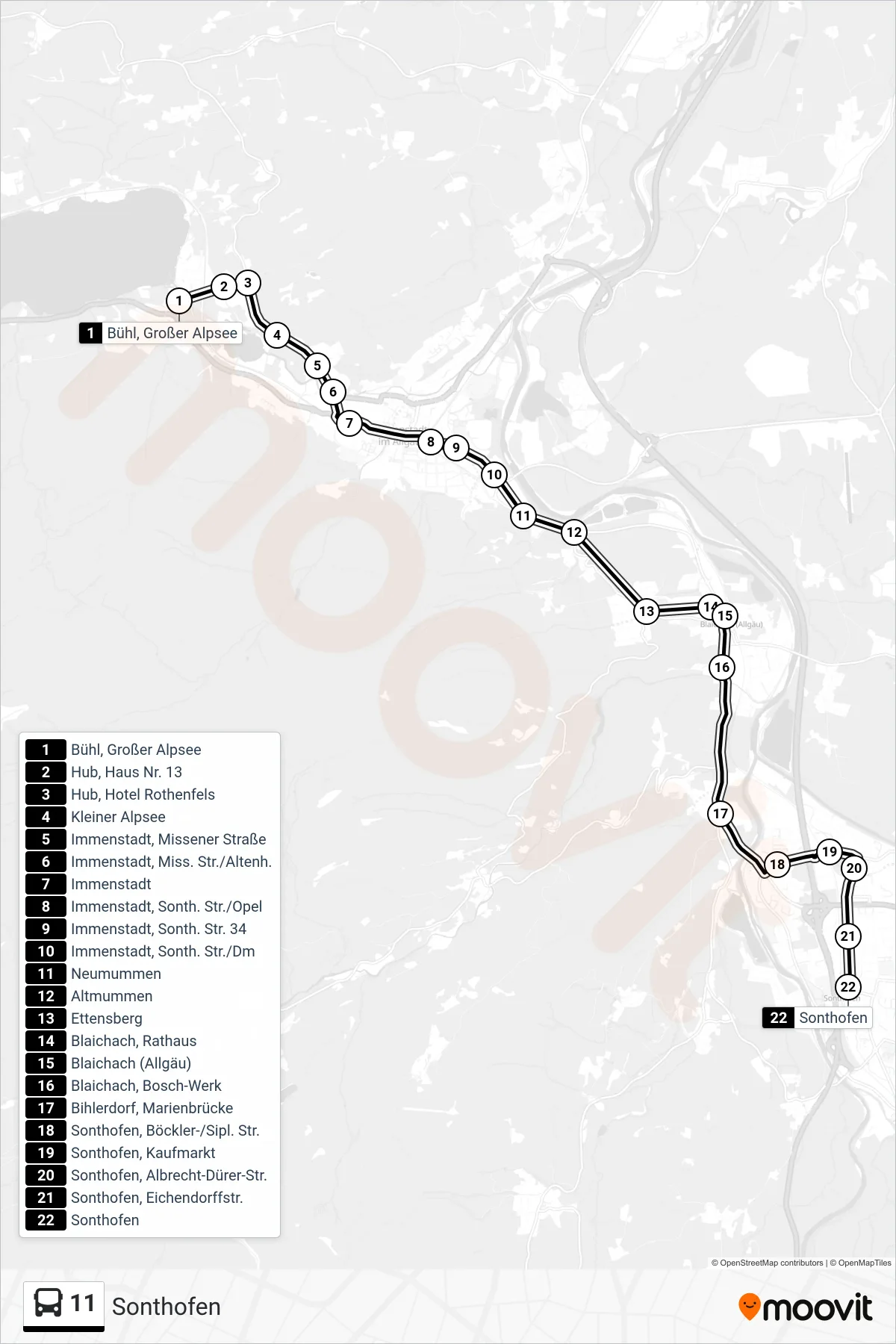 11 bus Line (Sonthofen) route and stops on a map