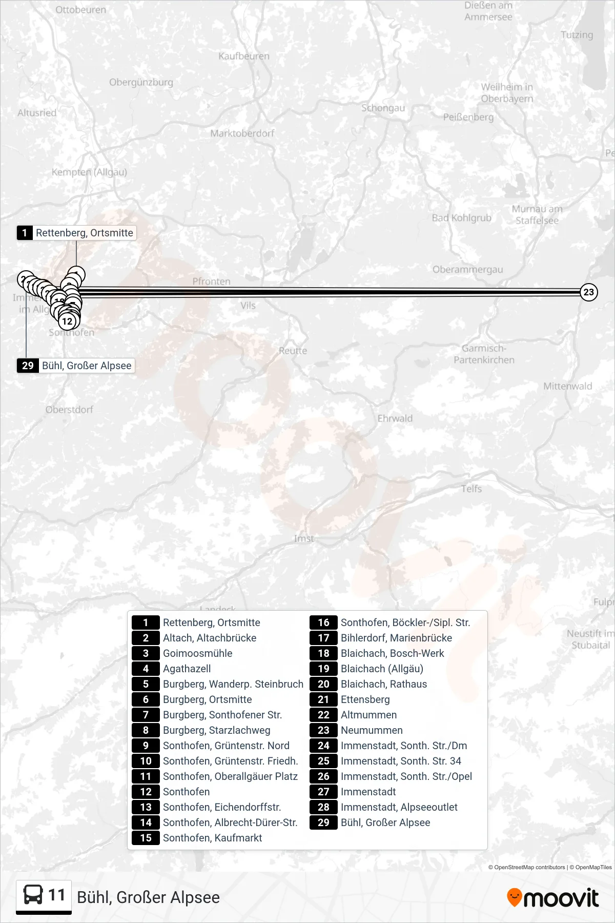 Linie 11 (Bus) Richtung Bühl, Großer Alpsee: Route und Haltestellen auf der Karte