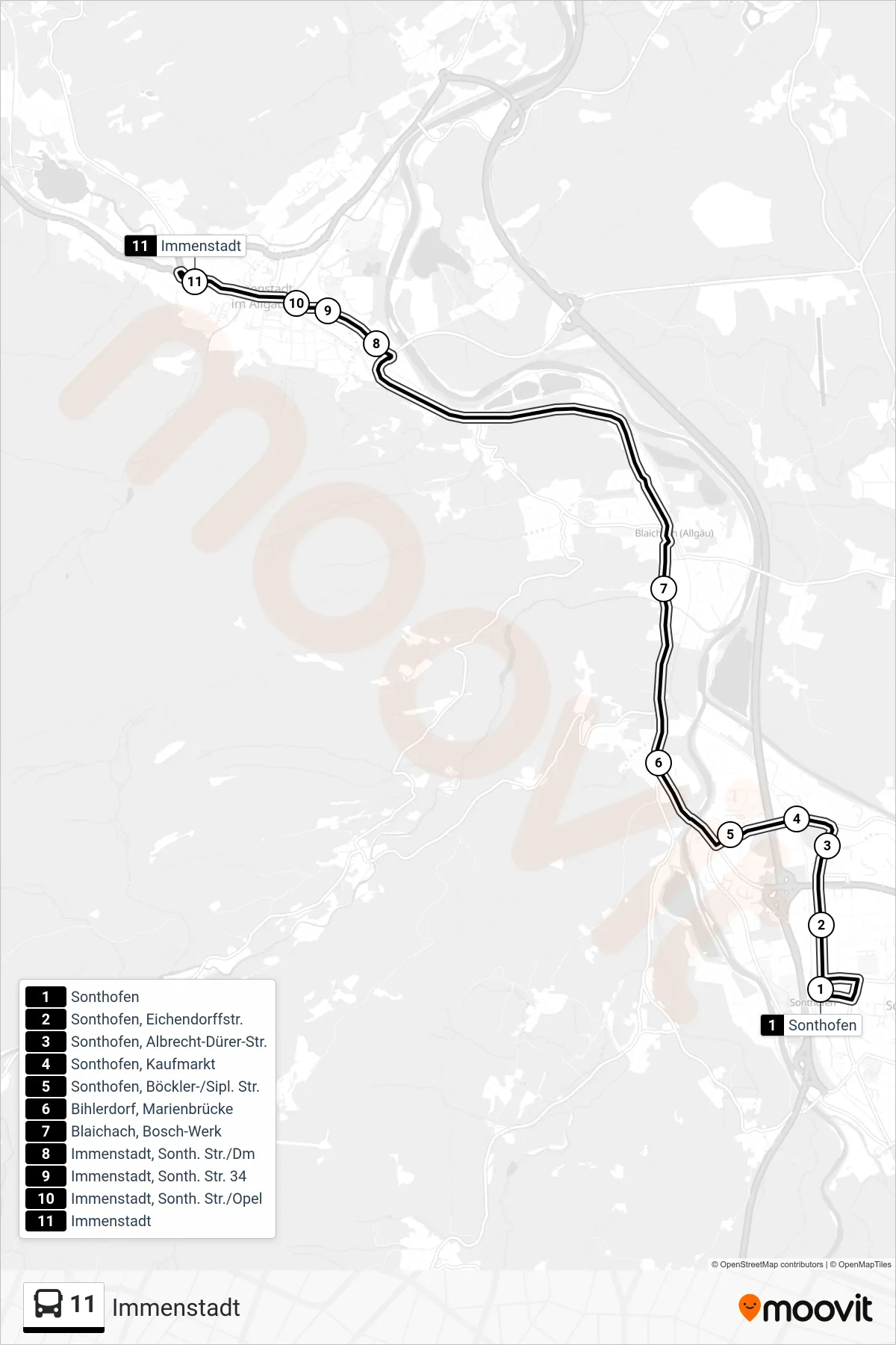 Linie 11 (Bus) Richtung Immenstadt: Route und Haltestellen auf der Karte