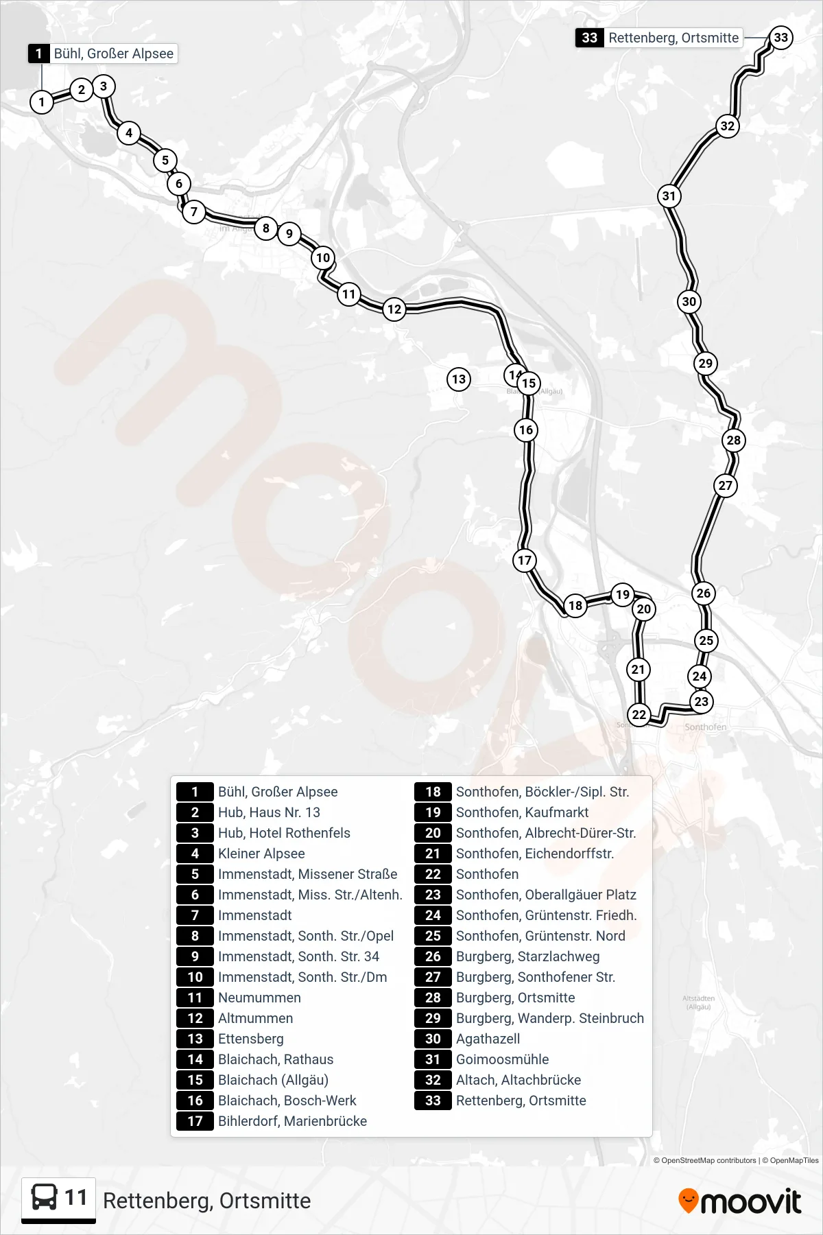 Linie 11 (Bus) Richtung Rettenberg, Ortsmitte: Route und Haltestellen auf der Karte