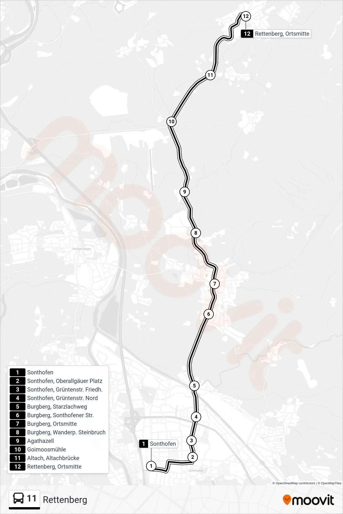 Linie 11 (Bus) Richtung Rettenberg: Route und Haltestellen auf der Karte