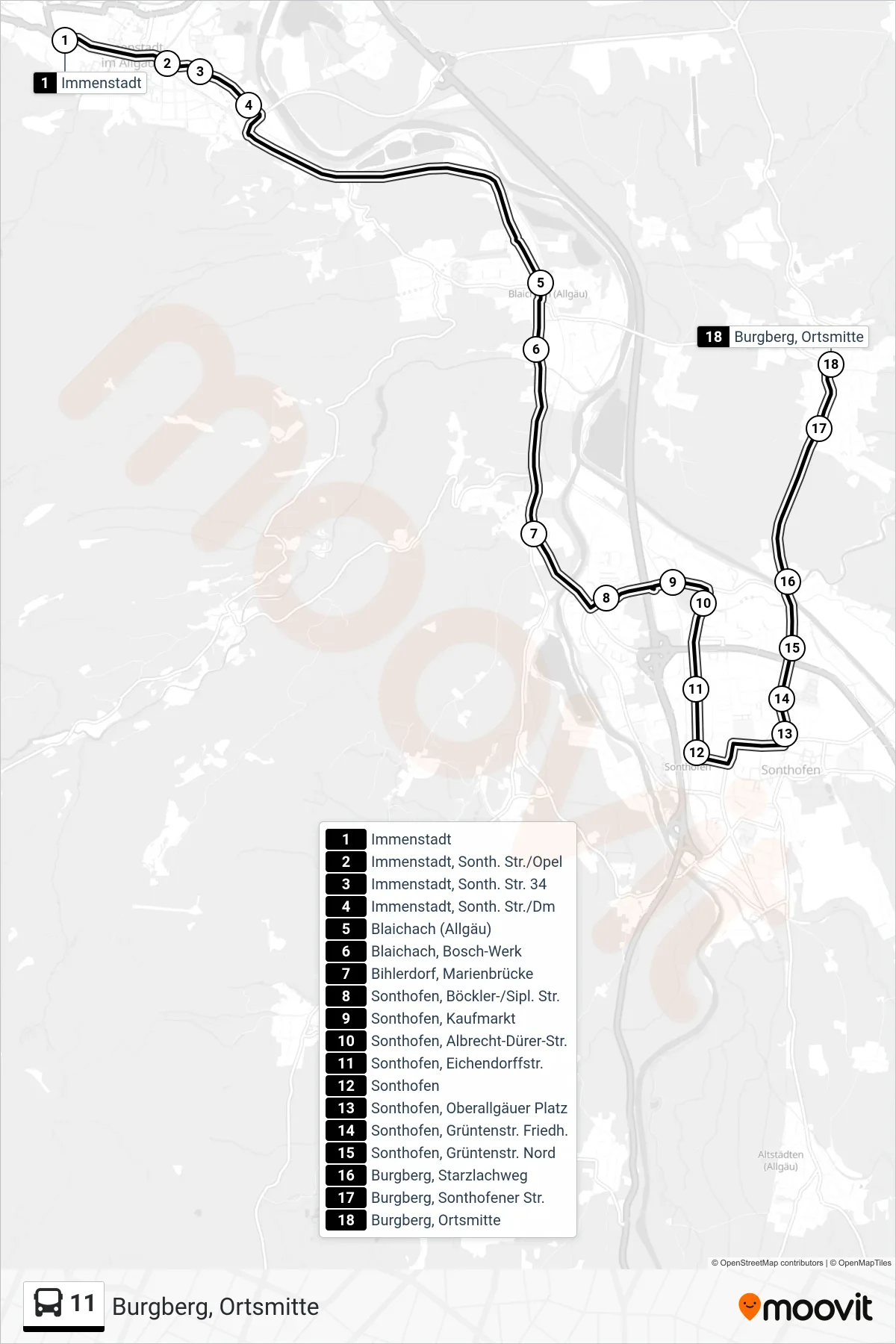 11 bus Line (Burgberg, Ortsmitte) route and stops on a map