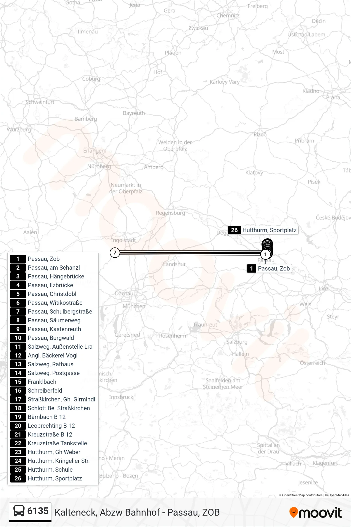 Linie 6135 (Bus) Richtung Hutthurm: Route und Haltestellen auf der Karte