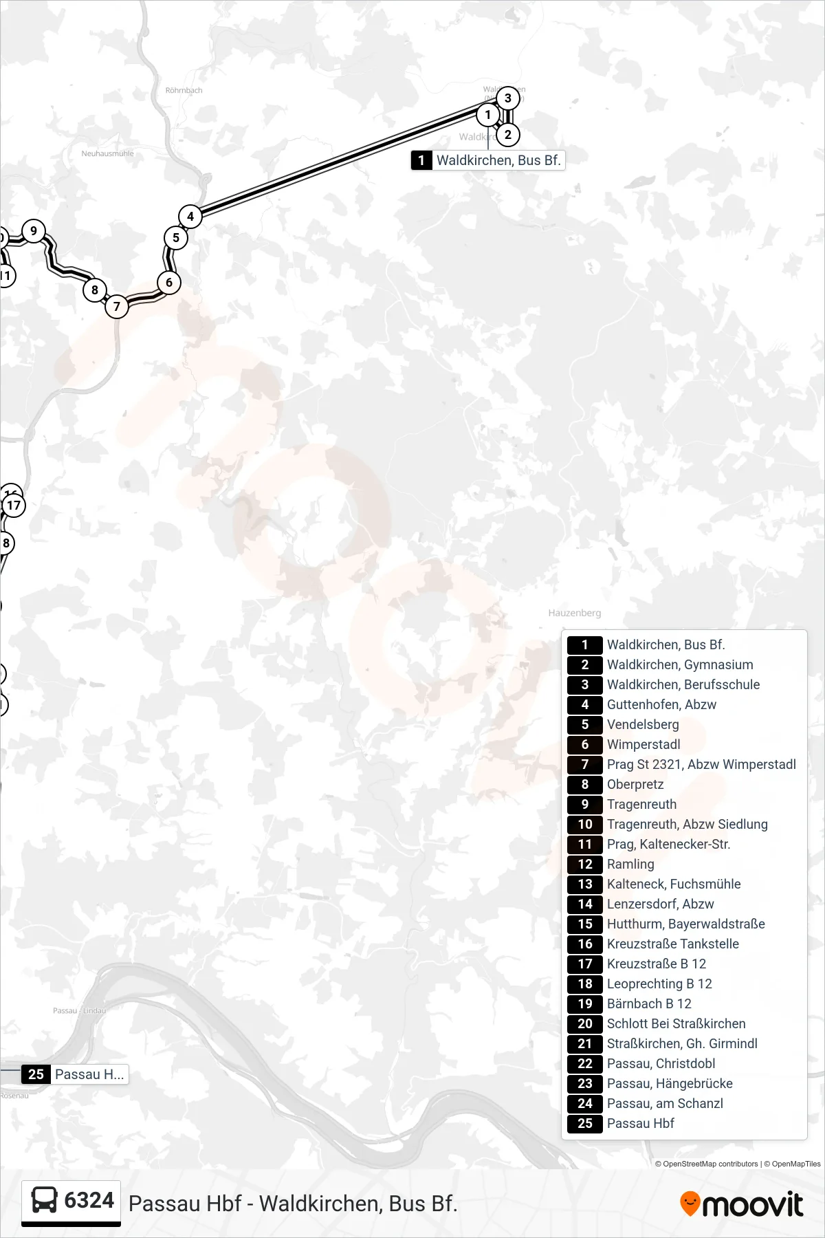 6324 bus Line (Passau) route and stops on a map