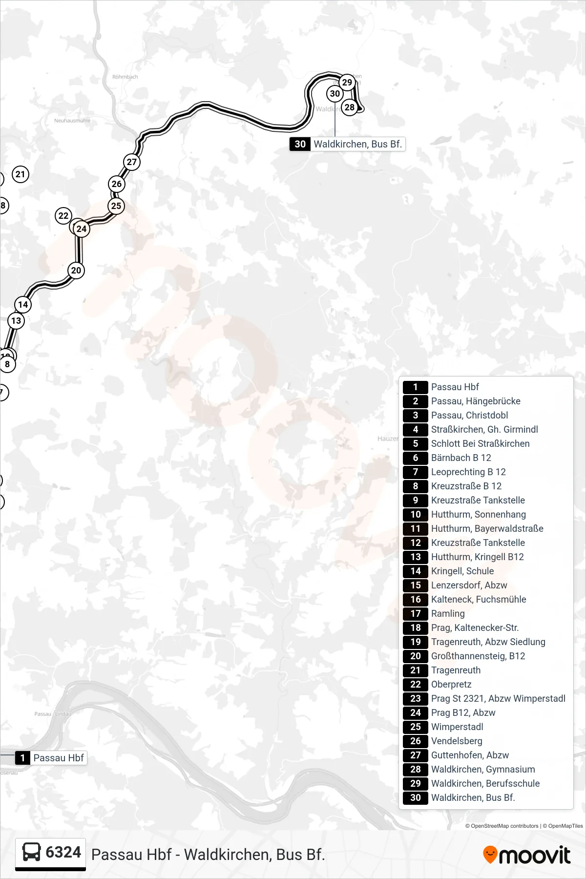 Linie 6324 (Bus) Richtung Waldkirchen: Route und Haltestellen auf der Karte
