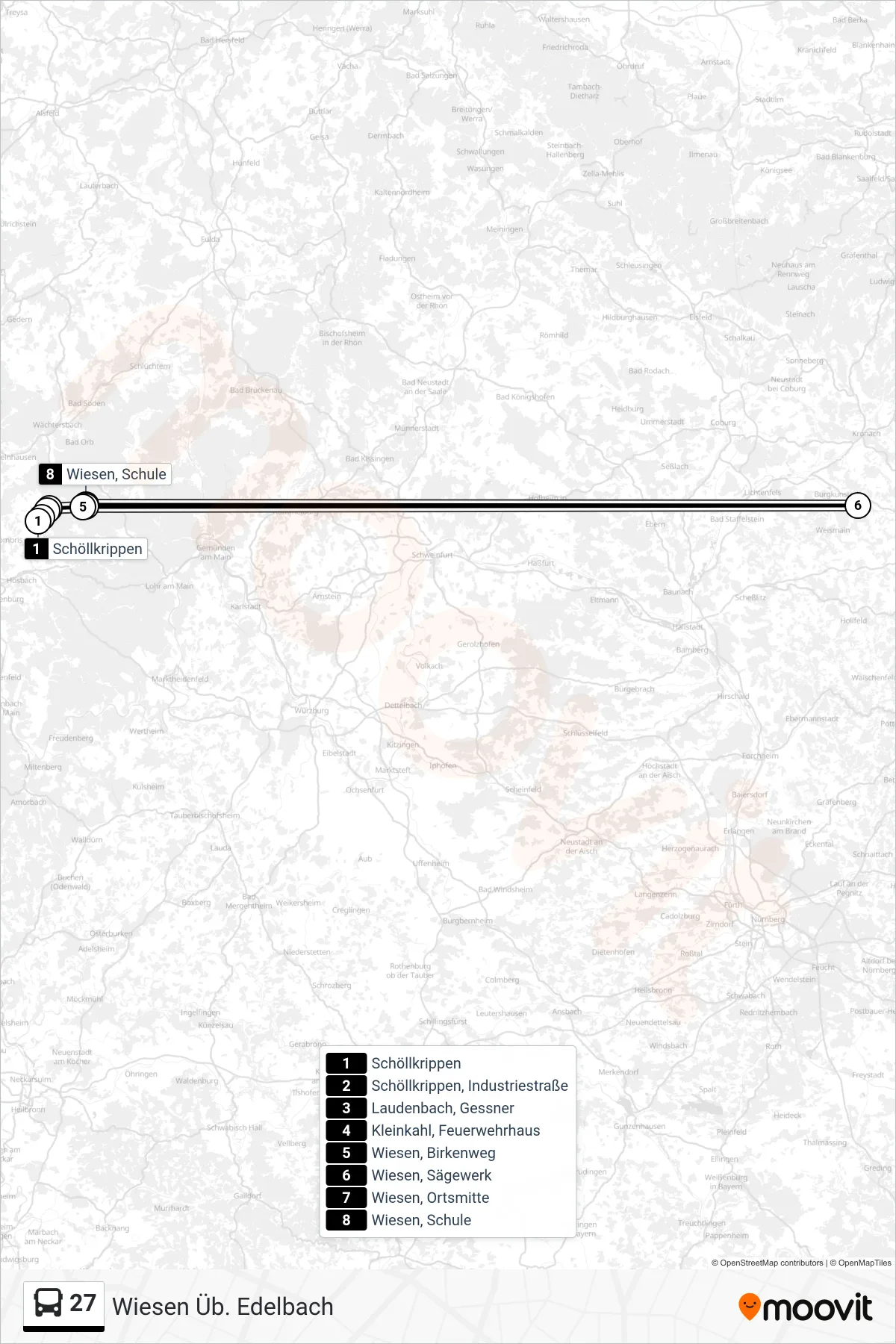 27 bus Line (Wiesen Üb. Edelbach) route and stops on a map