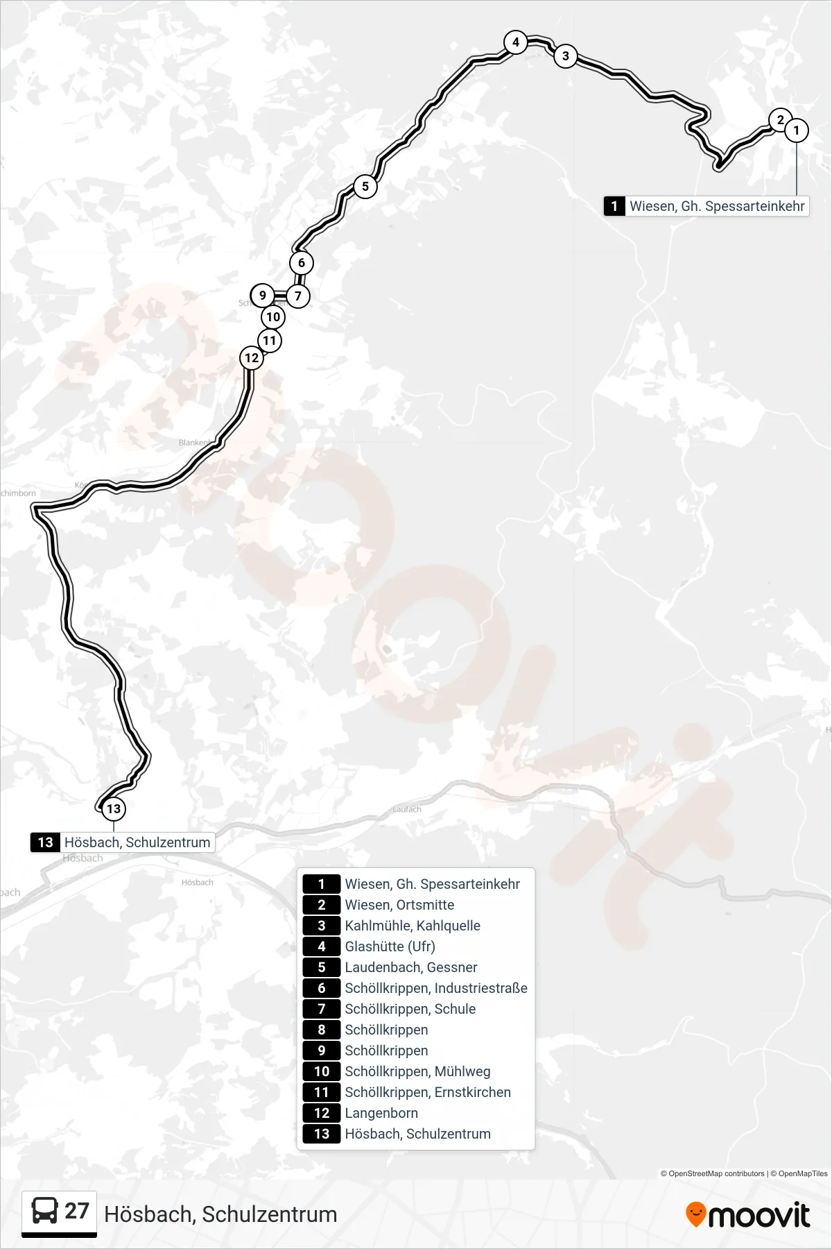 Linie 27 (Bus) Richtung Hösbach, Schulzentrum: Route und Haltestellen auf der Karte