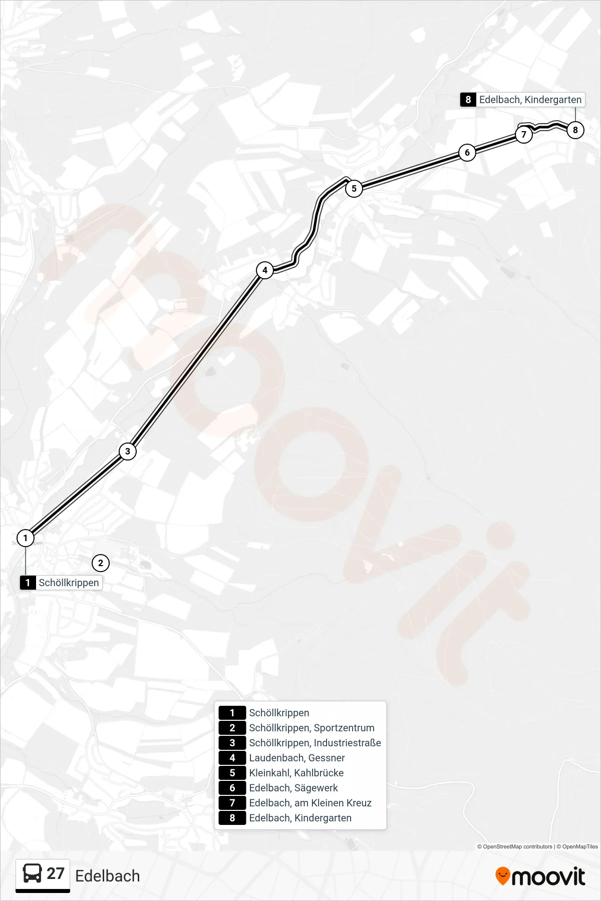 27 bus Line (Edelbach) route and stops on a map