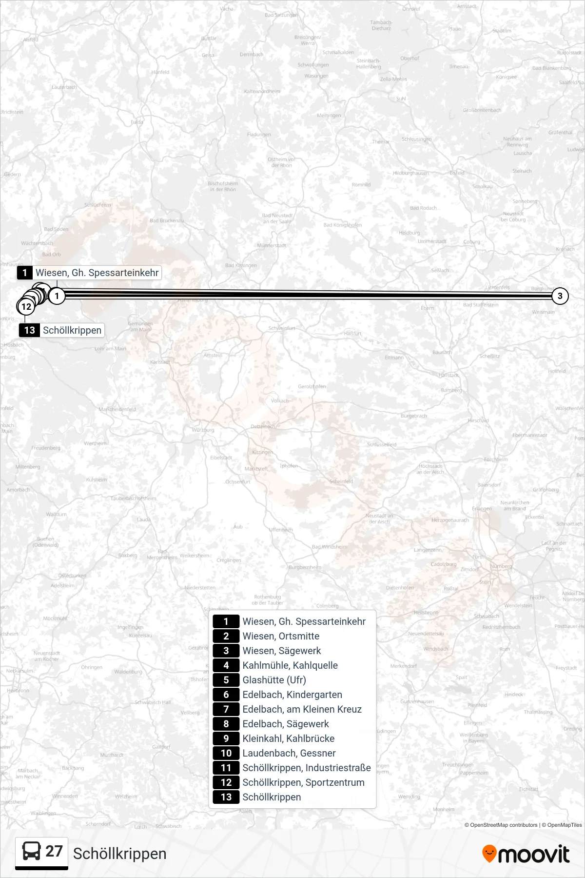 27 bus Line (Schöllkrippen) route and stops on a map