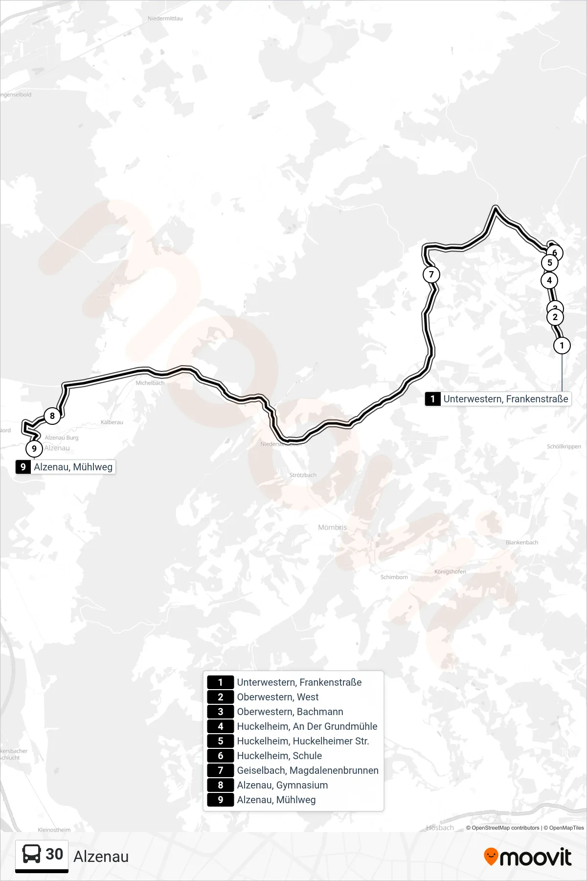 Linie 30 (Bus) Richtung Alzenau: Route und Haltestellen auf der Karte