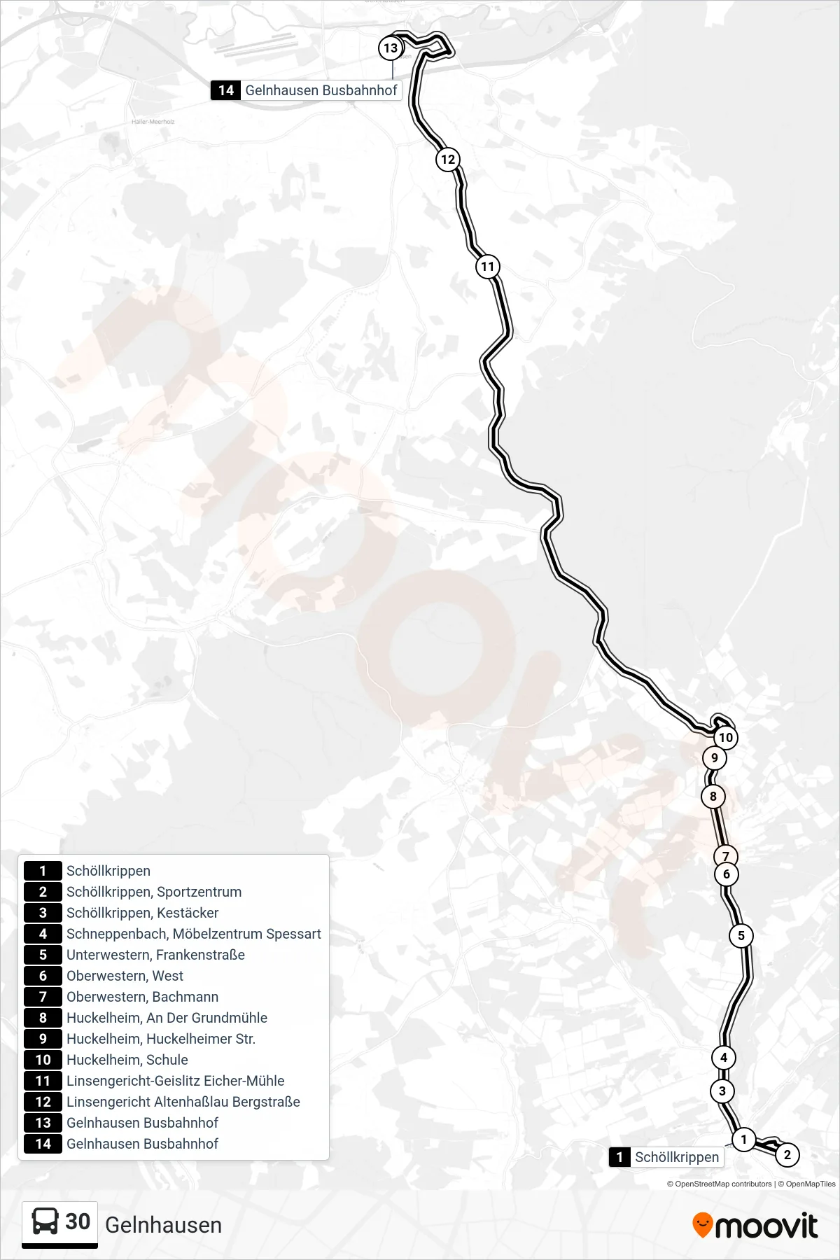 30 bus Line (Gelnhausen) route and stops on a map