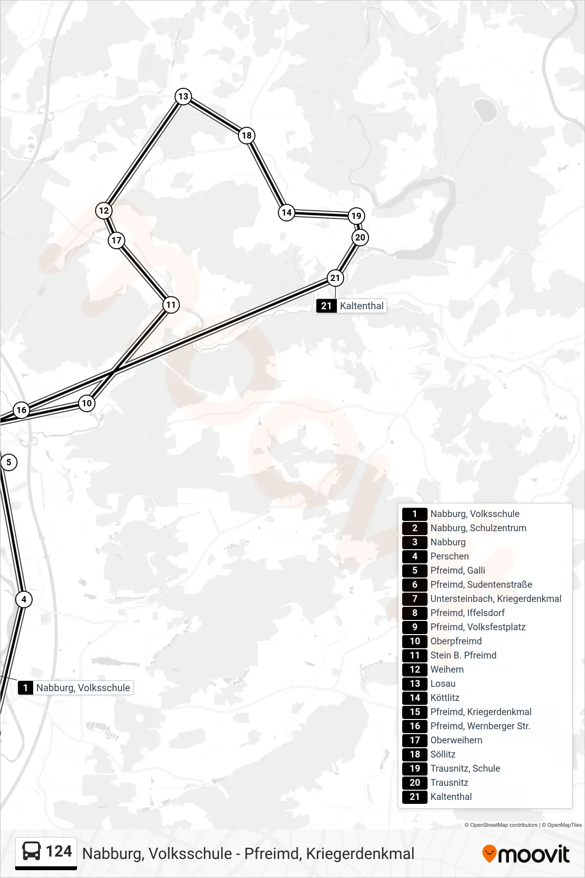 124 bus Line (Pfreimd, Kriegerdenkmal) route and stops on a map