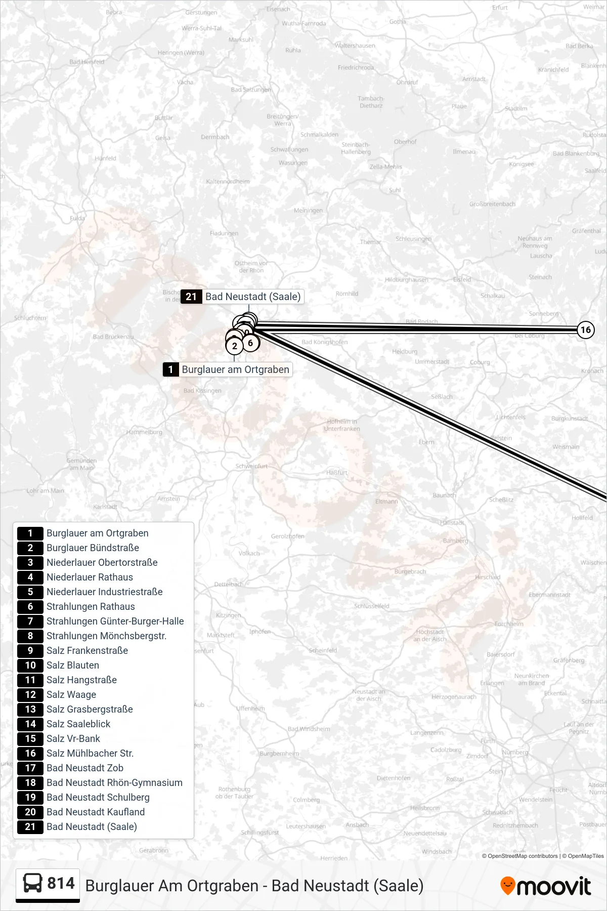 814 bus Line (Bad Neustadt Bahnhof) route and stops on a map