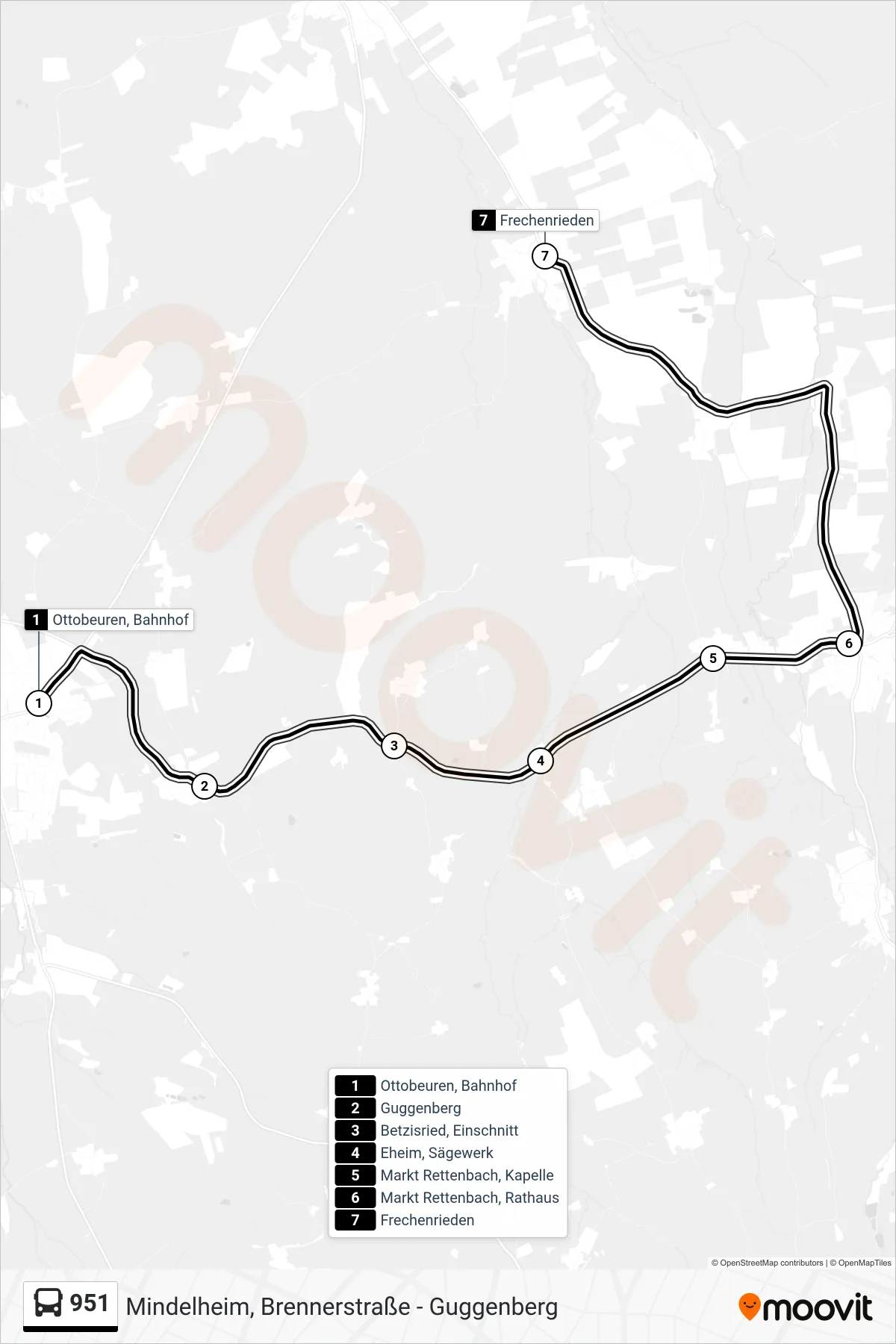Linie 951 (Bus) Richtung Frechenrieden: Route und Haltestellen auf der Karte