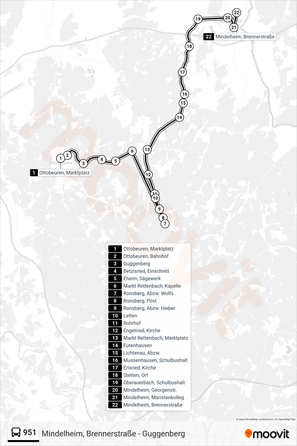 951 bus Line (Mindelheim, Brennerstraße) route and stops on a map