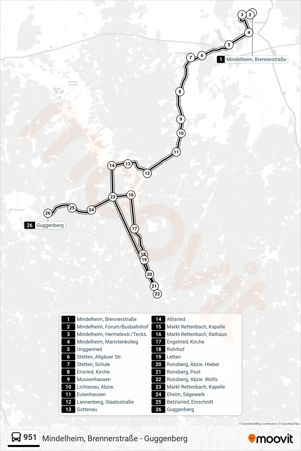951 bus Line (Guggenberg) route and stops on a map