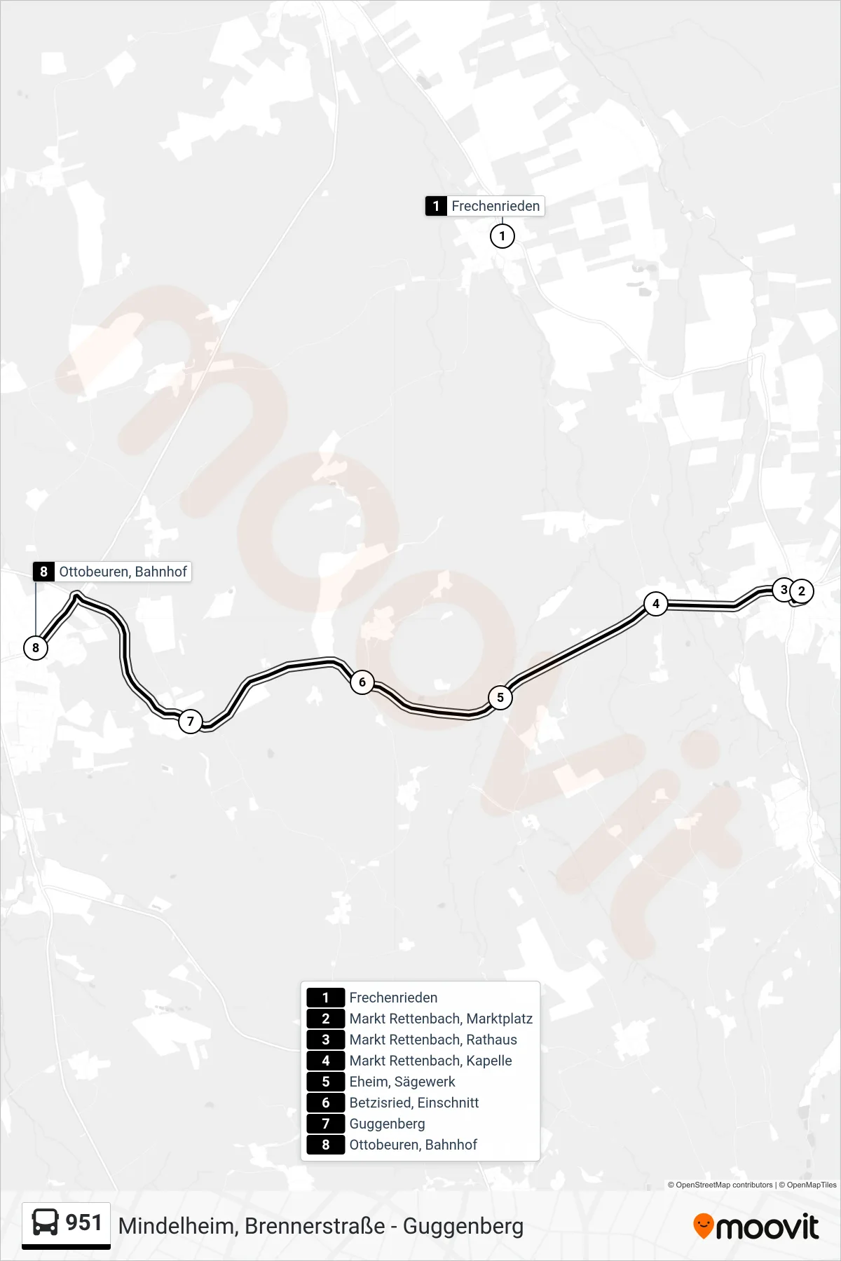 951 bus Line (Ottobeuren, Bahnhof) route and stops on a map