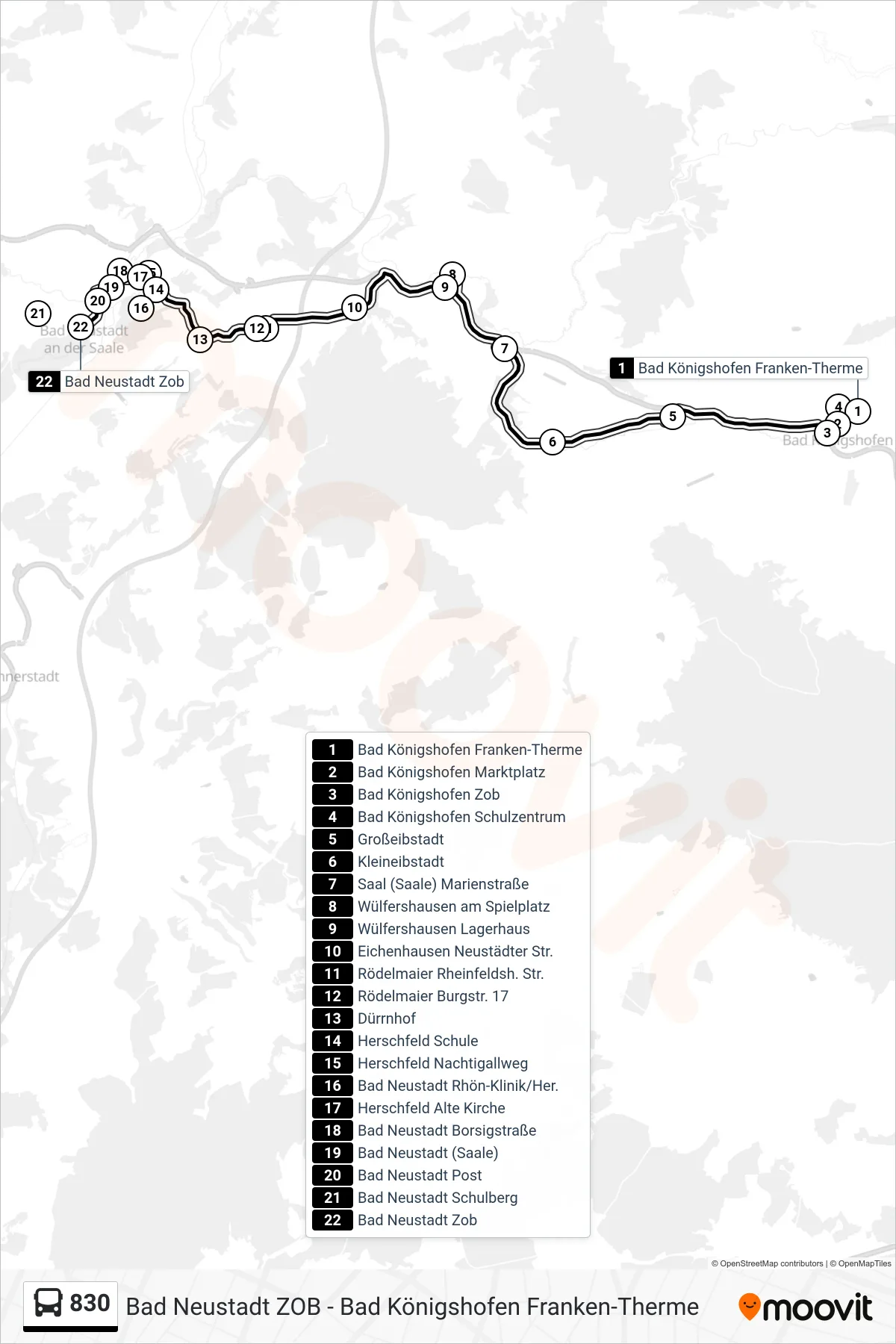 Linie 830 (Bus) Richtung Bad Neustadt Zob: Route und Haltestellen auf der Karte