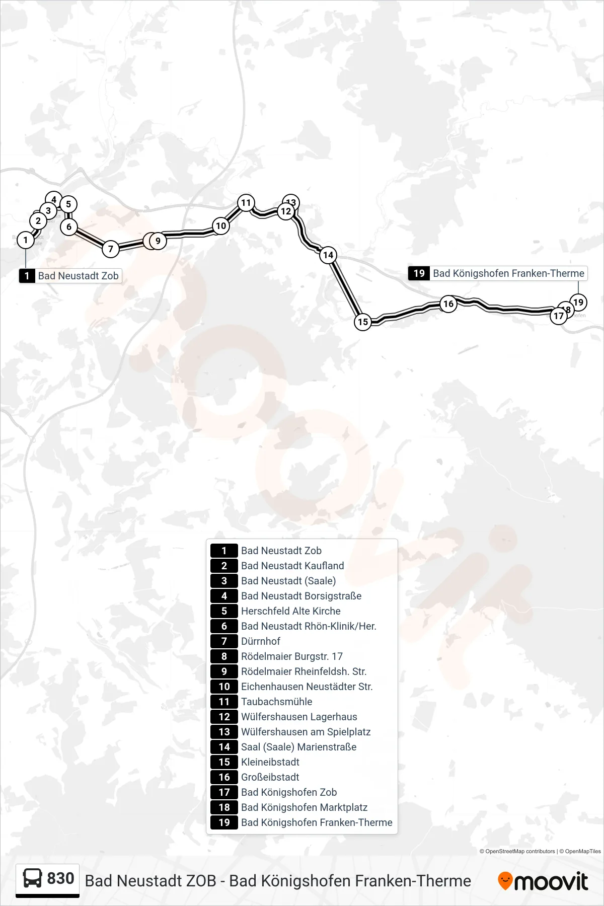 830 bus Line (Bad Königshofen Franken-Therme) route and stops on a map