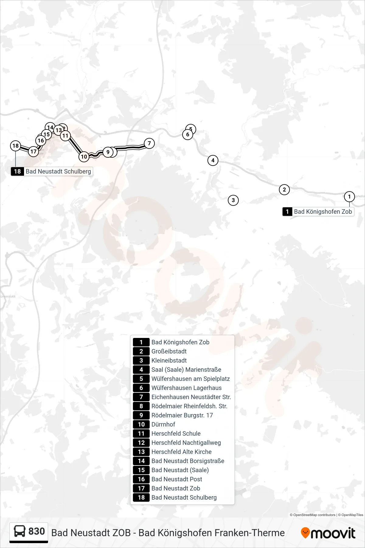 Linie 830 (Bus) Richtung Bad Neustadt Schulberg: Route und Haltestellen auf der Karte