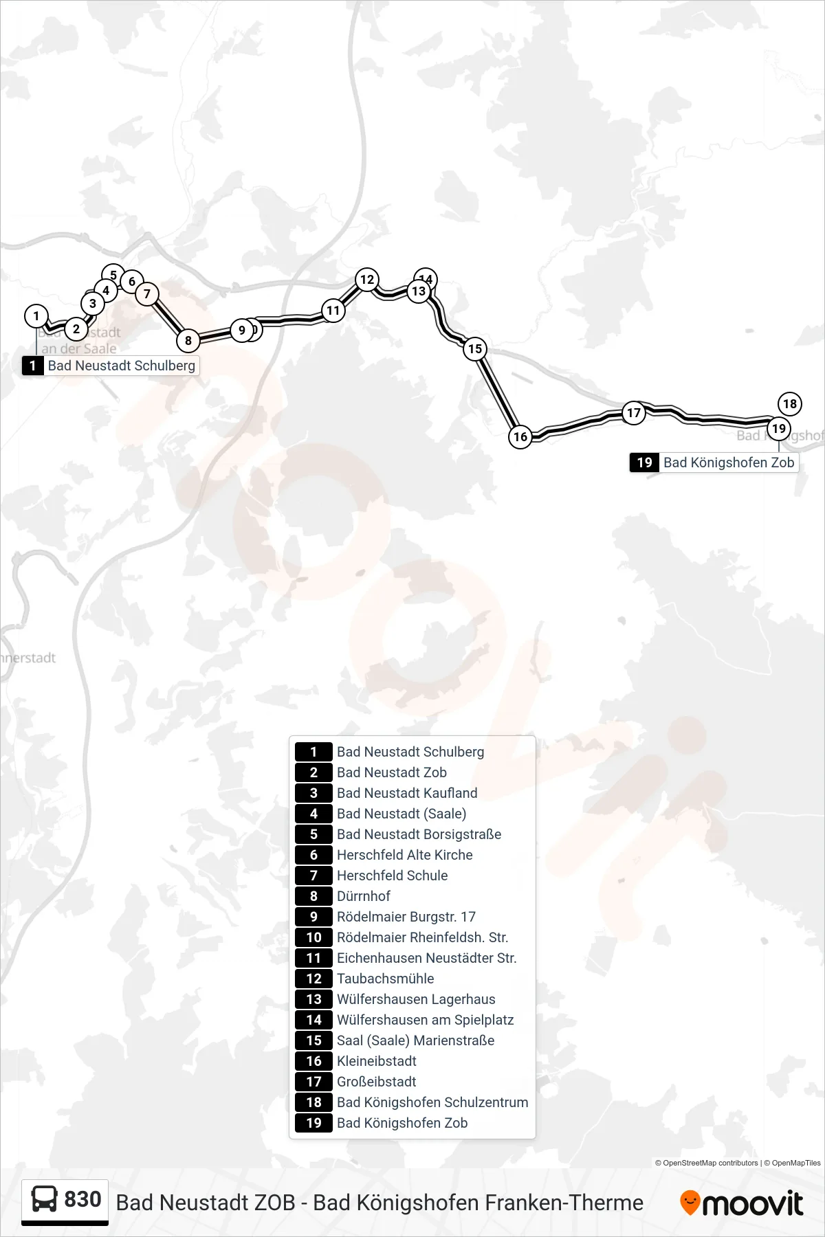 830 bus Line (Bad Königshofen Zob) route and stops on a map