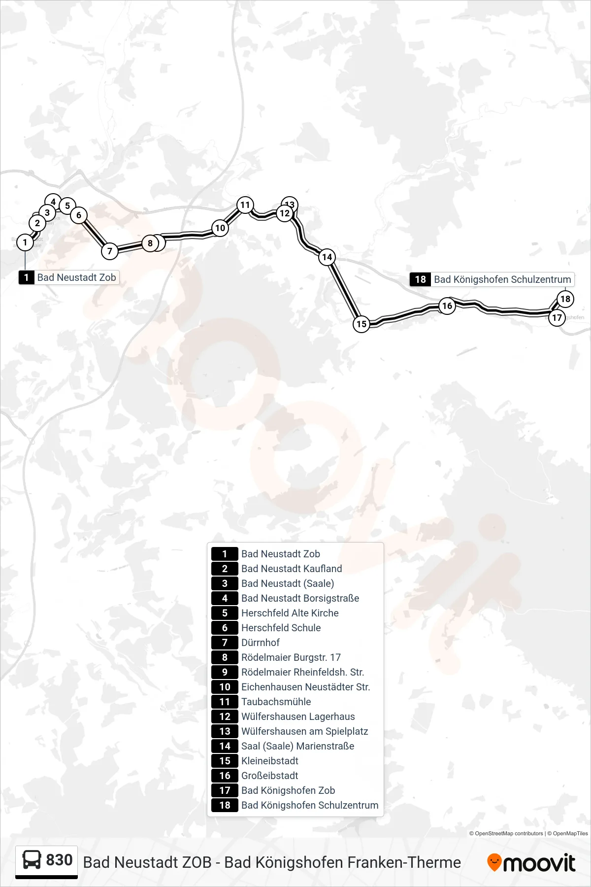 830 bus Line (Bad Königshofen Schulzentrum) route and stops on a map